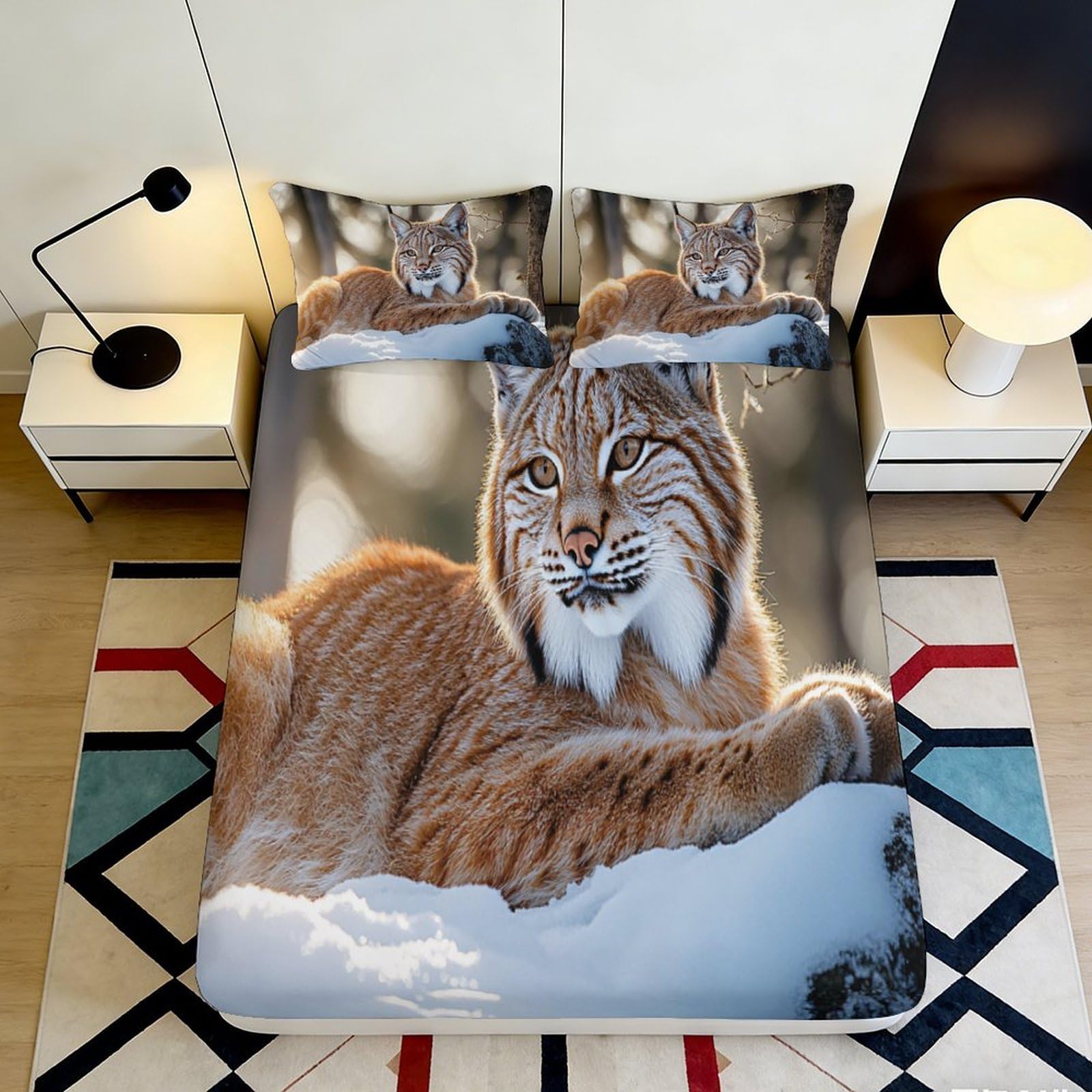 3D Printed Wild Lynx Fitted Sheet Microfiber Soft Breathable Winter Forest Mattress Cover for Bedroom Decor 90x200x25cm