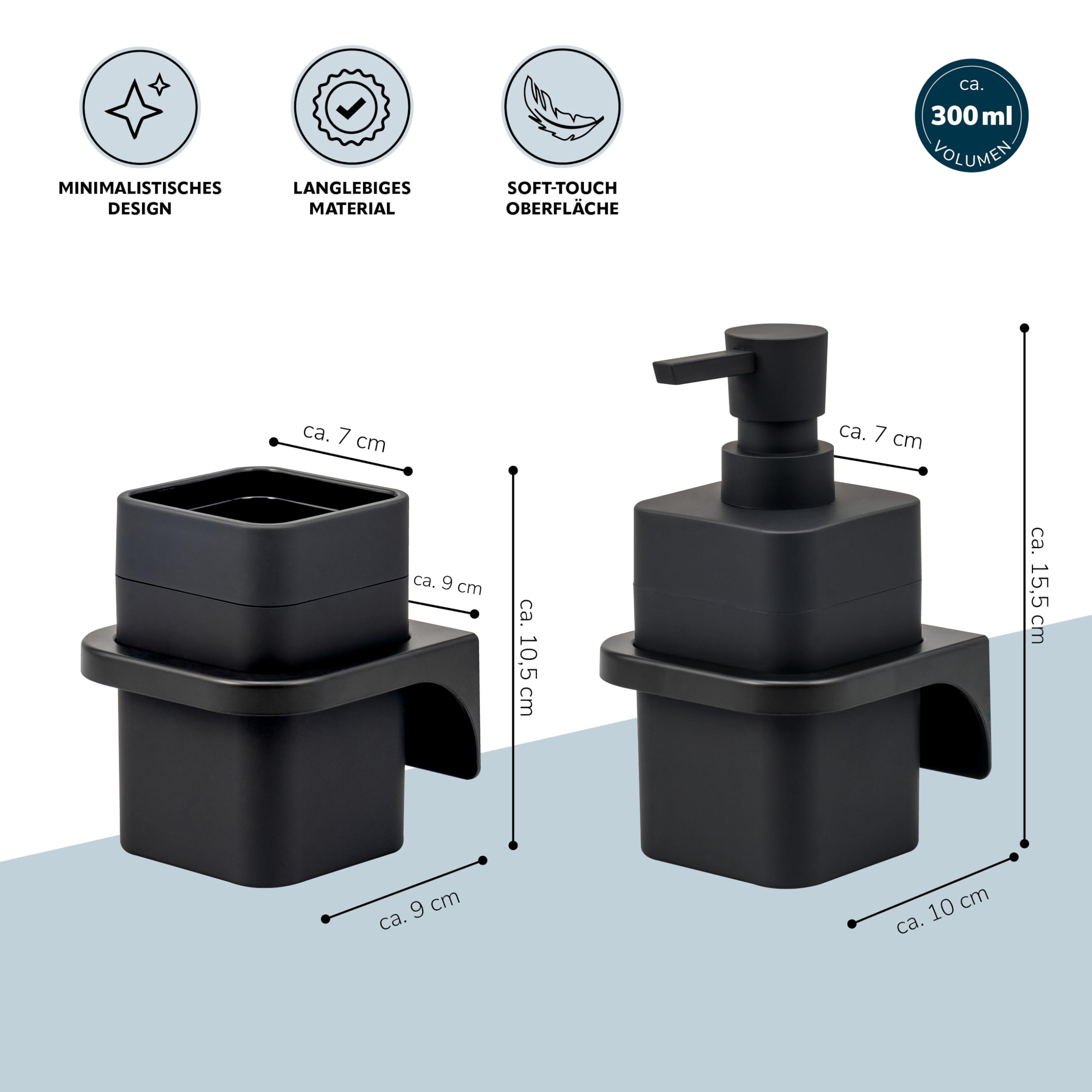 bremermann Badezimmer-Set Savona mit Soft-Touch Oberfläche inkl. Wandhalterung, eckiges Bad-Accessoires Set 2tlg. bestehend aus 1x Seifenspender und 1x Becher aus Kunststoff (Schwarz)