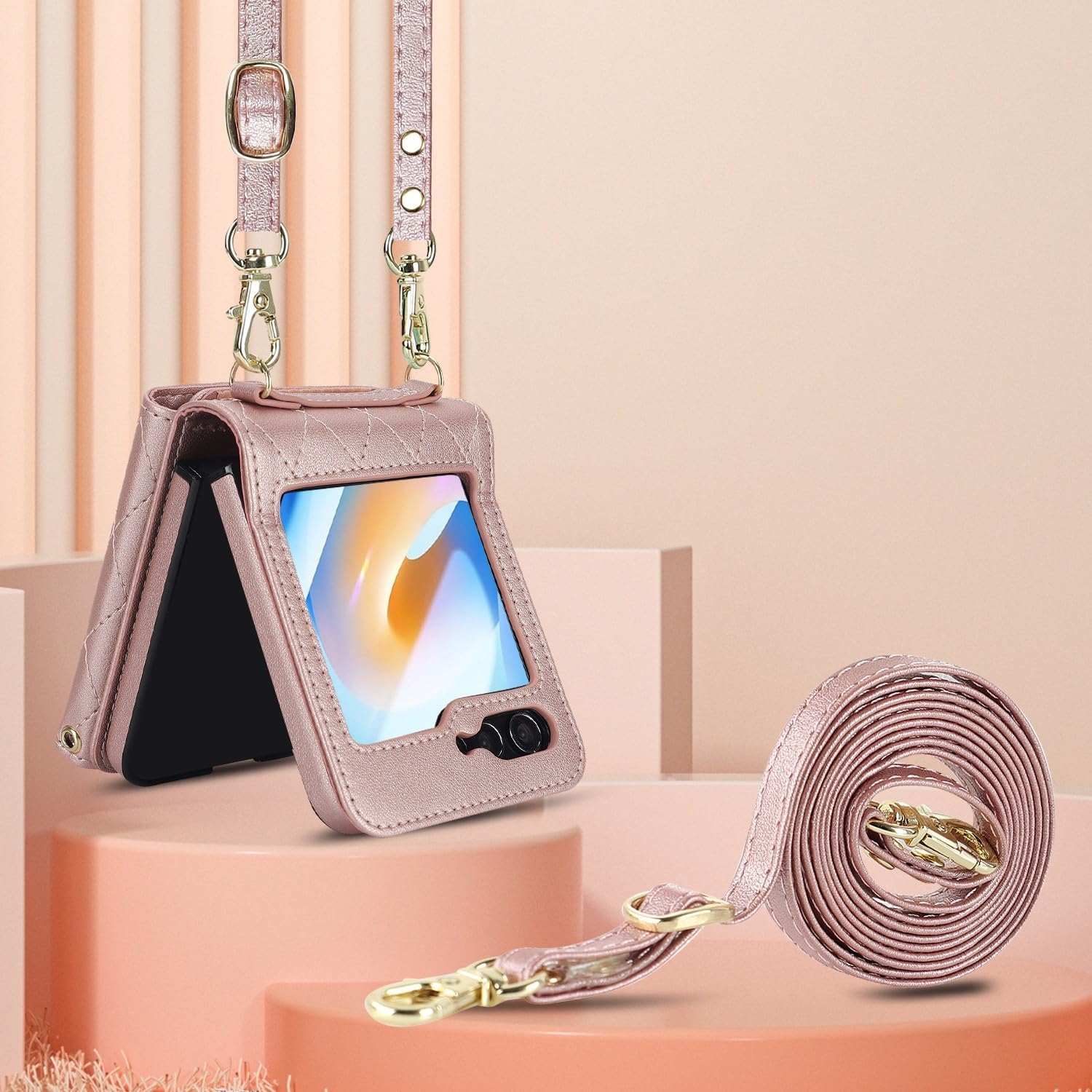 for Samsung Galaxy Z Flip 6 Accordion Crossbody Wallet Case, 4 Card Slots, RFID Blocking, and Adjustable Strap - Stylish and Versatile Accessory for The Modern Chic Woman (Rose Gold)