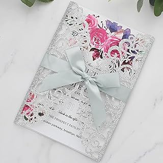 25Pcs Silver Glitter Wedding Invitations, Party Invitations Kits Envelopes RSVP Cards Silver Ribbon Laser Cut Invitation, ...