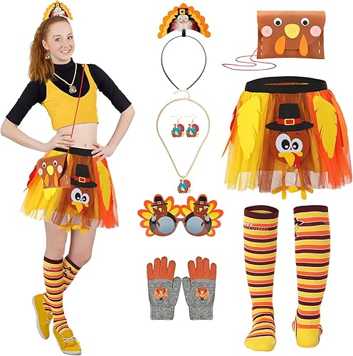 8 piezas de disfraces de tutú de Acción de Gracias para mujer, accesorios de disfraz de pavo con diadema de Acción de Gracias, collar, aretes, gafas