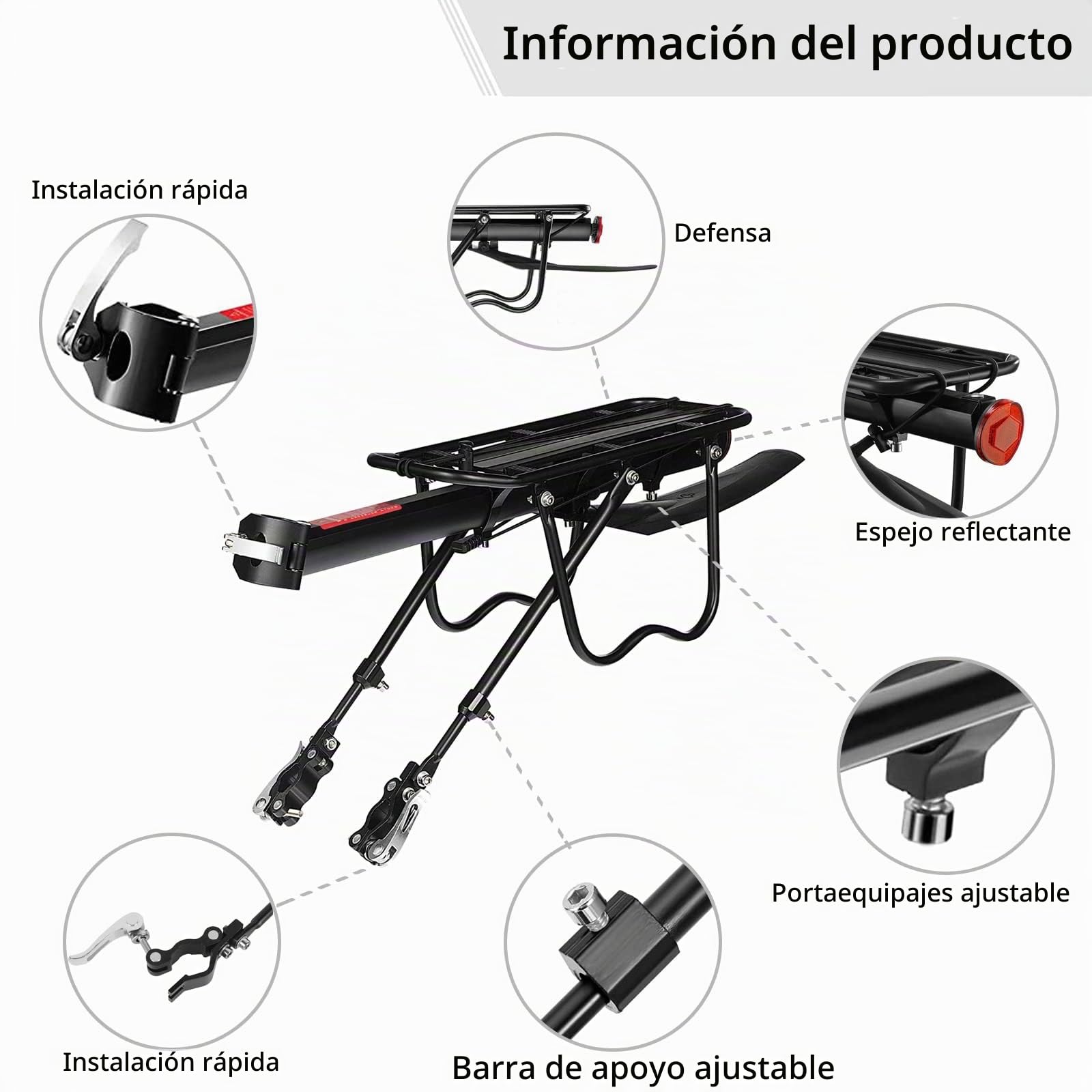 Portaequipajes para Bicicleta de Montaña, Portabultos Bicicleta Trasero de Aleación de Aluminio, Ajustables Portabicicletas con Reflector de Guardabarros para MTB de 24-29 Pulgadas