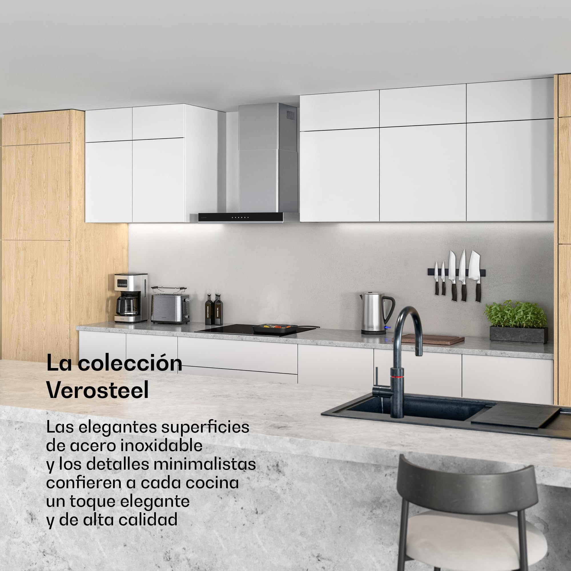 Klarstein Verosteel Campana Extractora 60 cm - 881,6 m³/h, A++, LED, 3 Velocidades + Boost, Filtros Lavavajillas & Carbón, Acero Inoxidable, Táctil, Silenciosa, Cocina