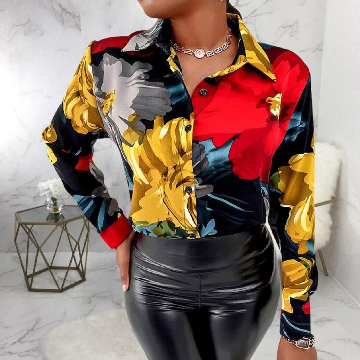 Long Sleeve Shirts for Women Dressy Blouses & Button-Down Shirt Colorful Floral Print Loose Collar Sexy Tops Fashion - Image 3