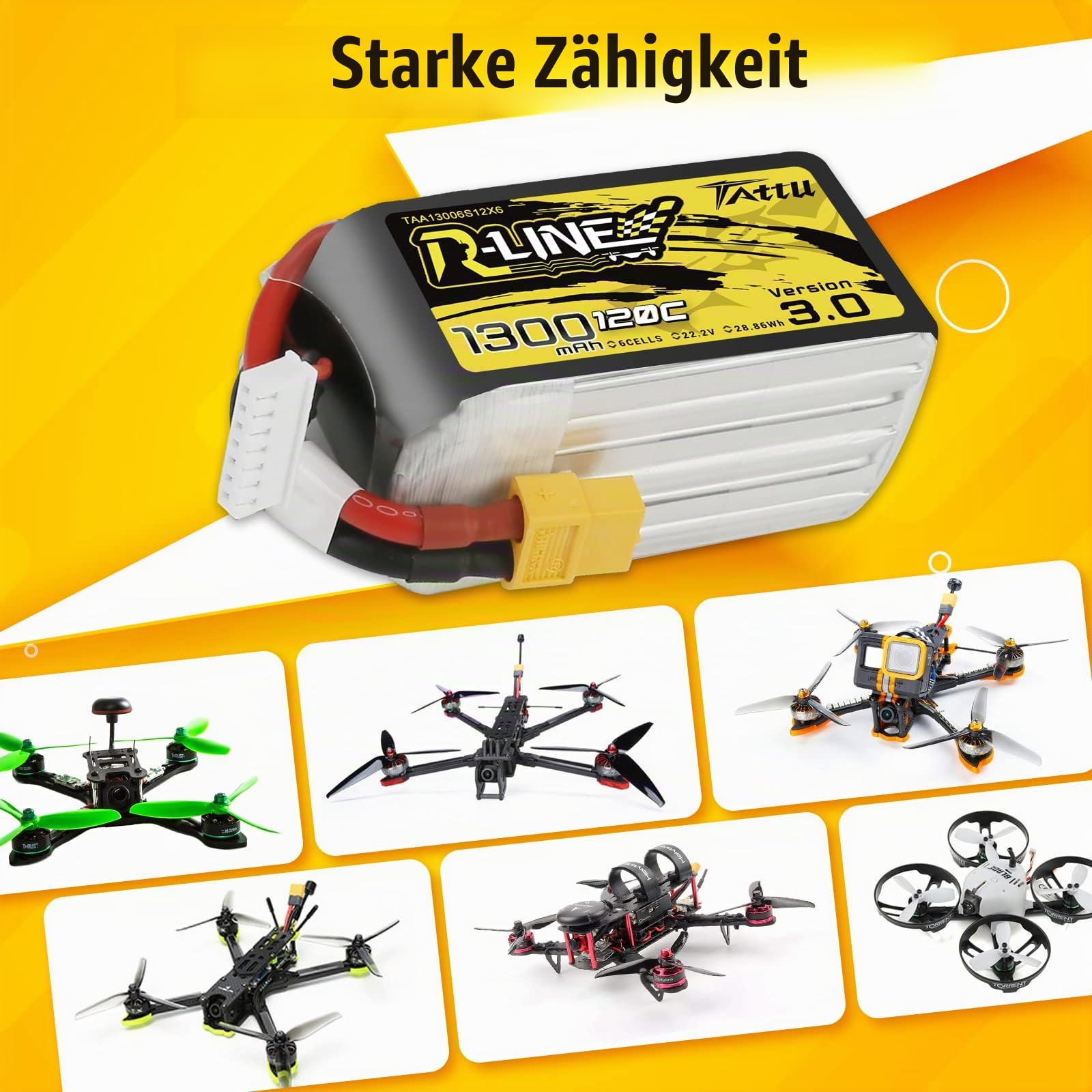 Tattu Lipo 6S RC Akku 22.2 V 1300 mAh 120C Softcase XT60 Akku mit XT60 Stecker für RC Car Boat Truck Truggy RC Hobby