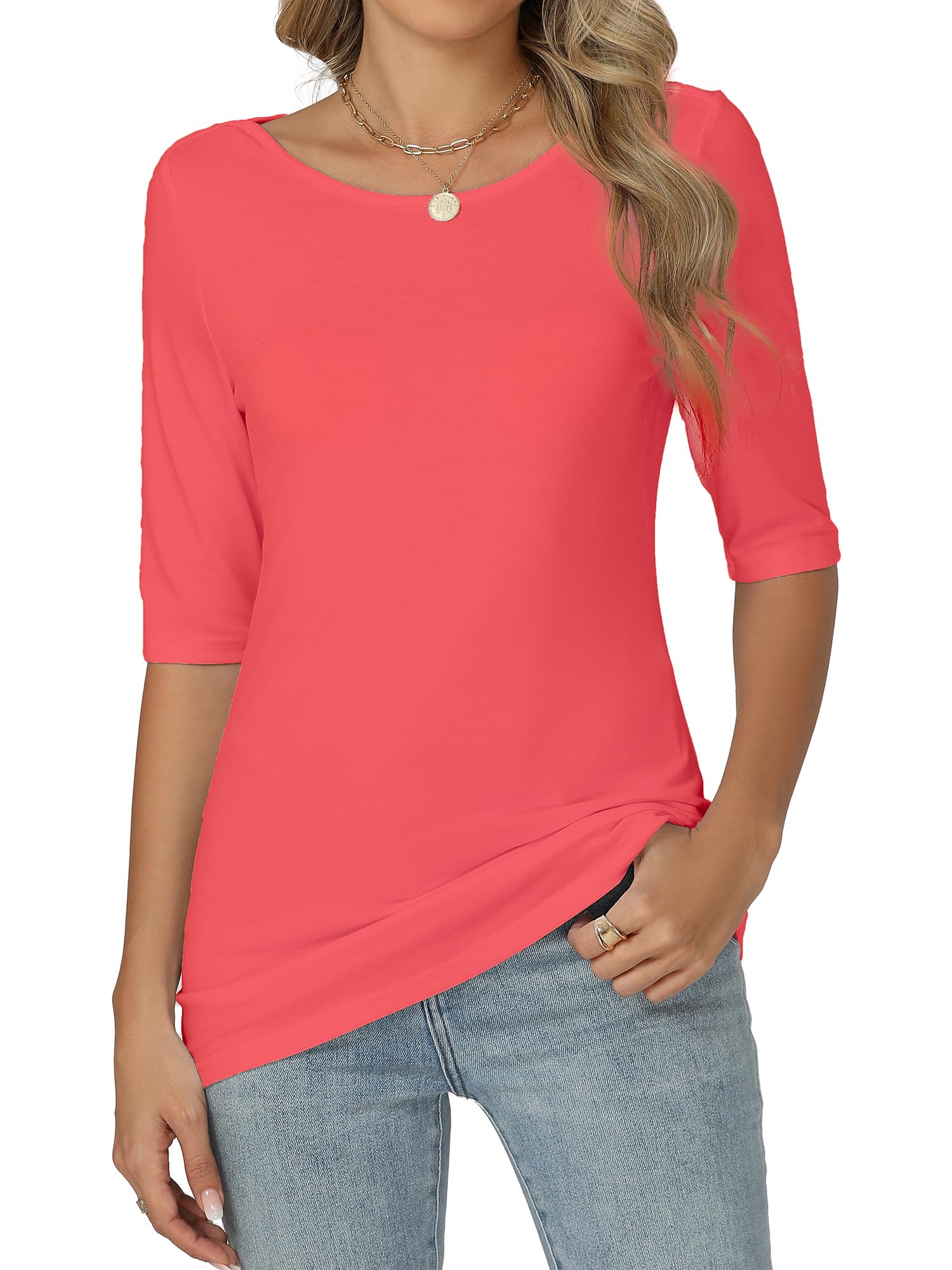 Famrrifuu Damen T-Shirt Halbarm Figurbetontes Oberteile mit U-Boot Ausschnitt Basic Stretch Einfarbige Shirts