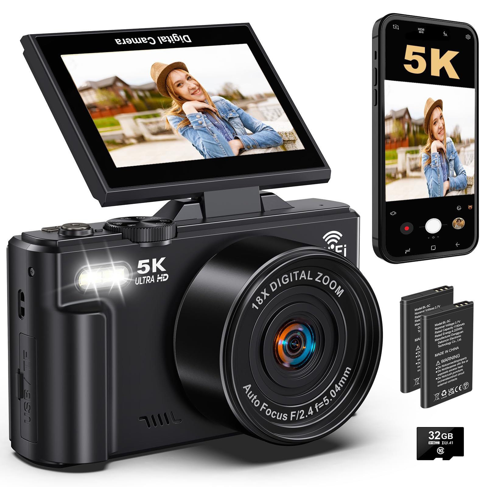 Digital Cameras for Photography - 5K 75MP Vlogging Camera for YouTube WiFi - UHD Autofocus Vlog Camera 3" 180° Flip Screen with 18X Zoom - Travel YouTube with 32GB SD Card, 2 Batteries-picture-26