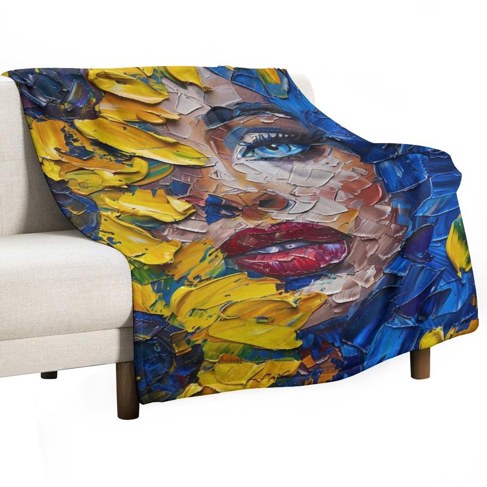 YHGSREUOH Blue Hair Woman with Sunflowers Impasto 02 Flannel Blankets Fleece Soft Throw Lightweight Plush Gifts for Couch, Bed, Cozy Sofa Plush, Chair, Lovers 130x175cm(50x70in)