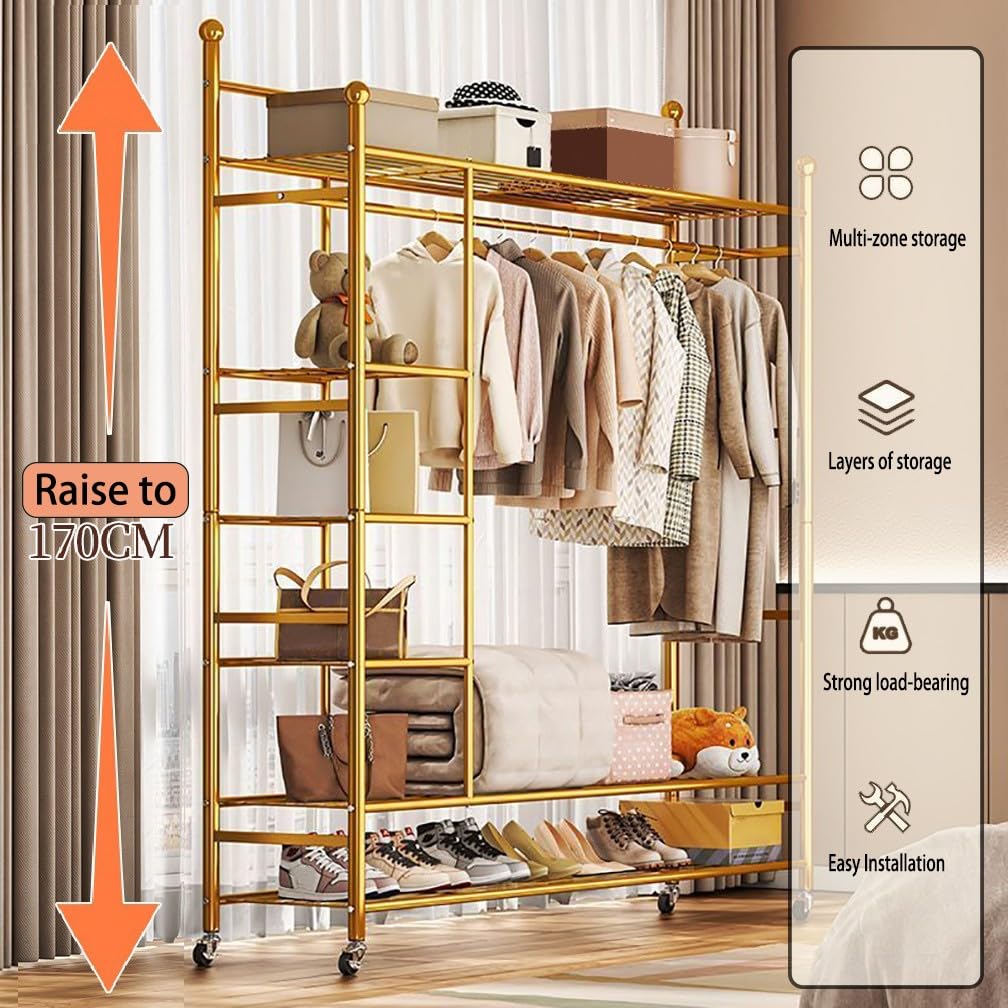 Appendiabiti in Metallo con Ruote, Robusto Supporto per Vestiti, 4 Ganci E 6 Ripiani, Scarpiera per Camera da Letto E Soggiorno, Design Solido E Funzionale
