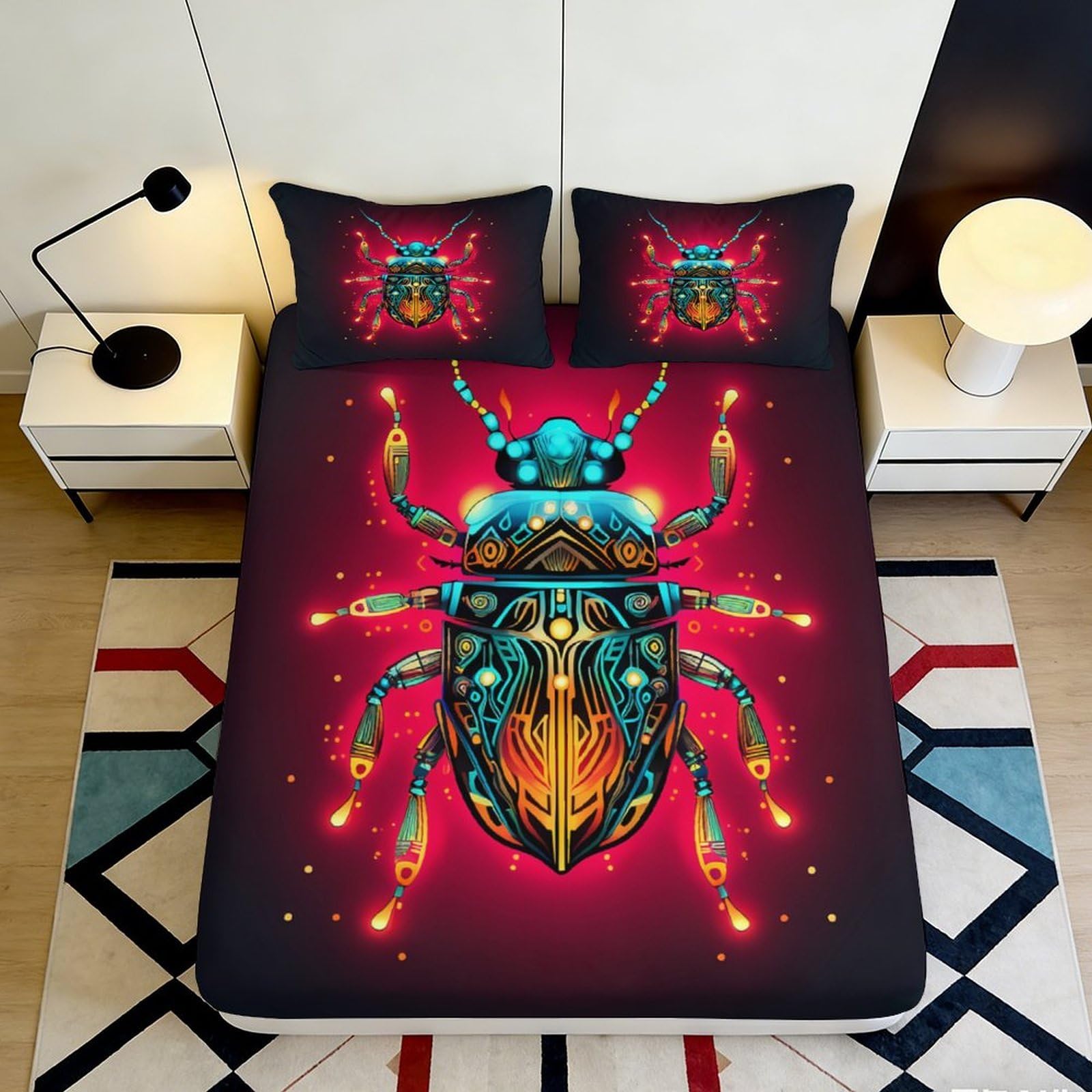 3D Printed Neon Beetle Fitted Sheet Microfiber Soft Breathable Cyber Insect Mattress Cover for Bedroom Dormitory Guest Room Mattress Protection Decor 140x200x25cm