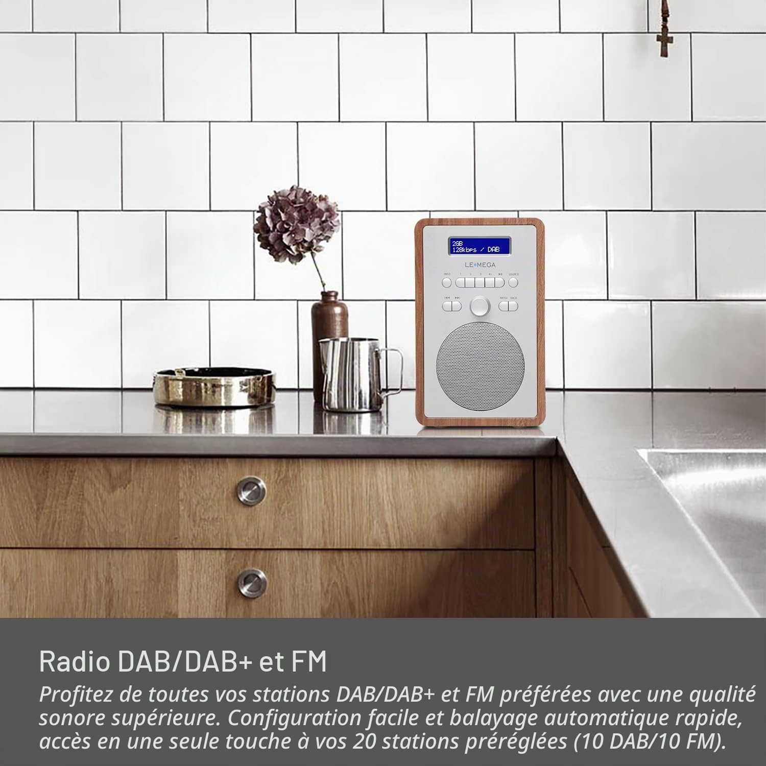 LEMEGA CR2+ Radio Dab/Dab+/FM, Secteur, Double Alarme, Noyer