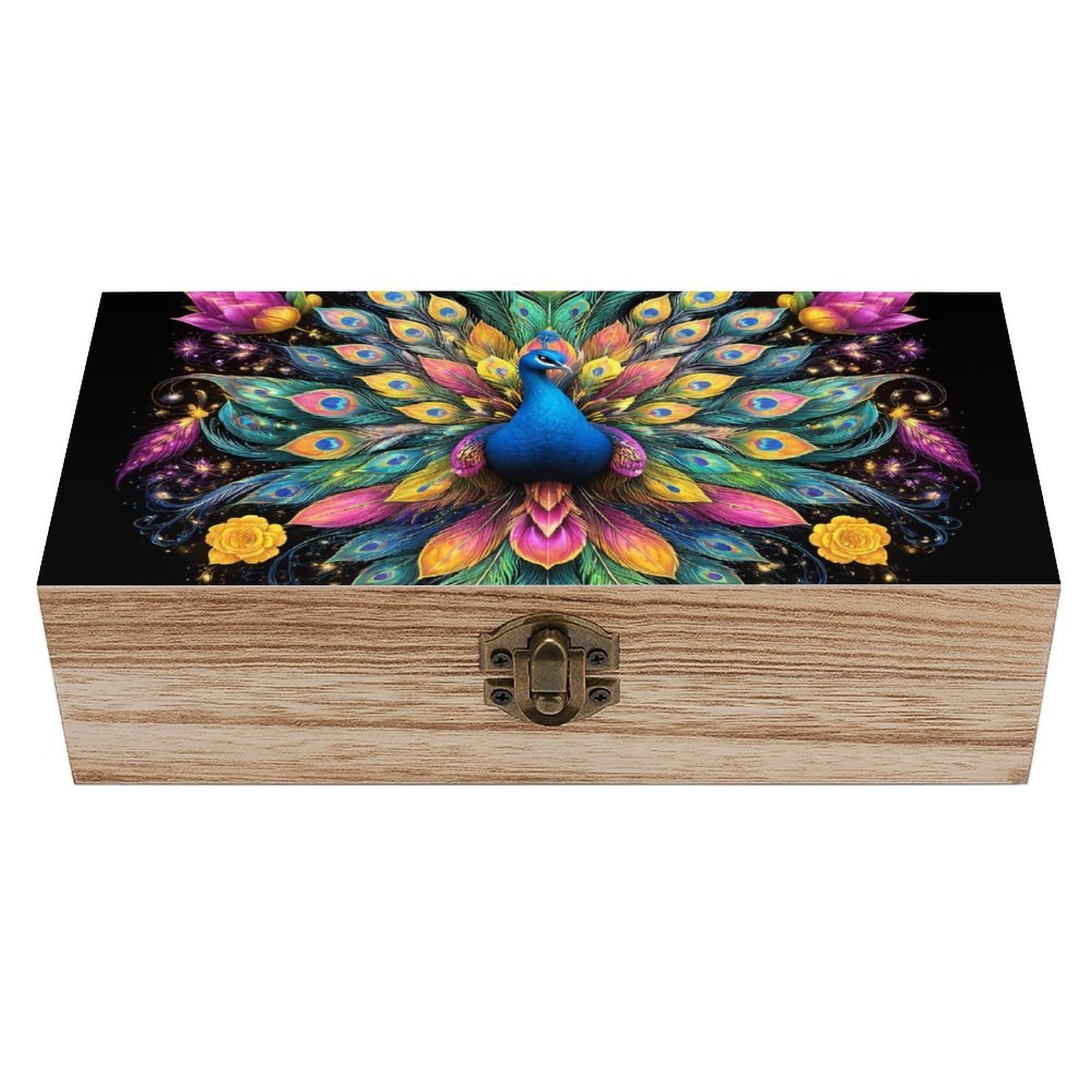 SMAZDFXX Neon Peacock Flowers Arts Wooden Storage Box With Hinged Lid Decorative Front Clasp Keepsake Boxes