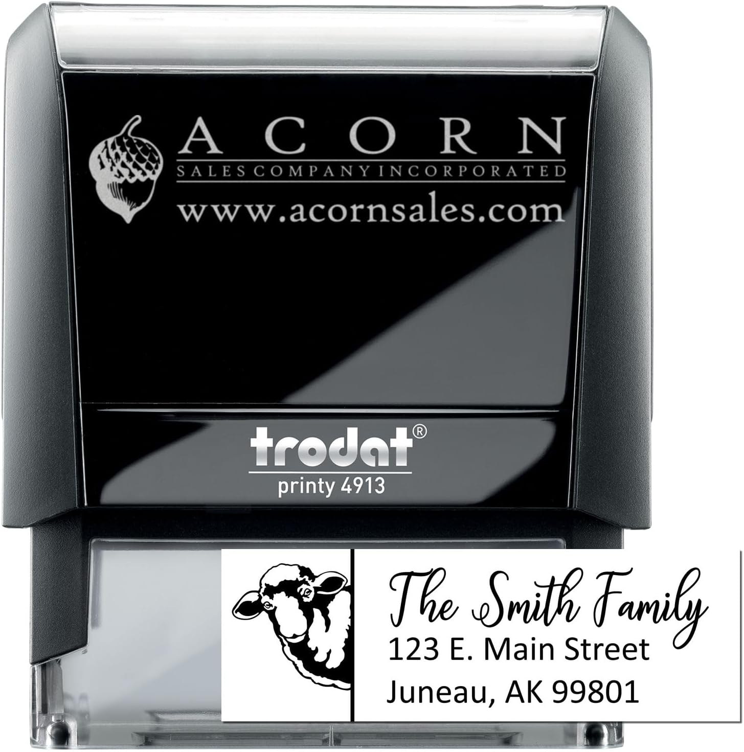 Self-Inking Sheep Customized Return Address Stamp - Easy Press and Print Stamping, Choice of Pink, Black or Purple Case - 11 Ink Colors - Clear Stamping Base - Size 7/8 x 2-1/4 - Sheep Stamp