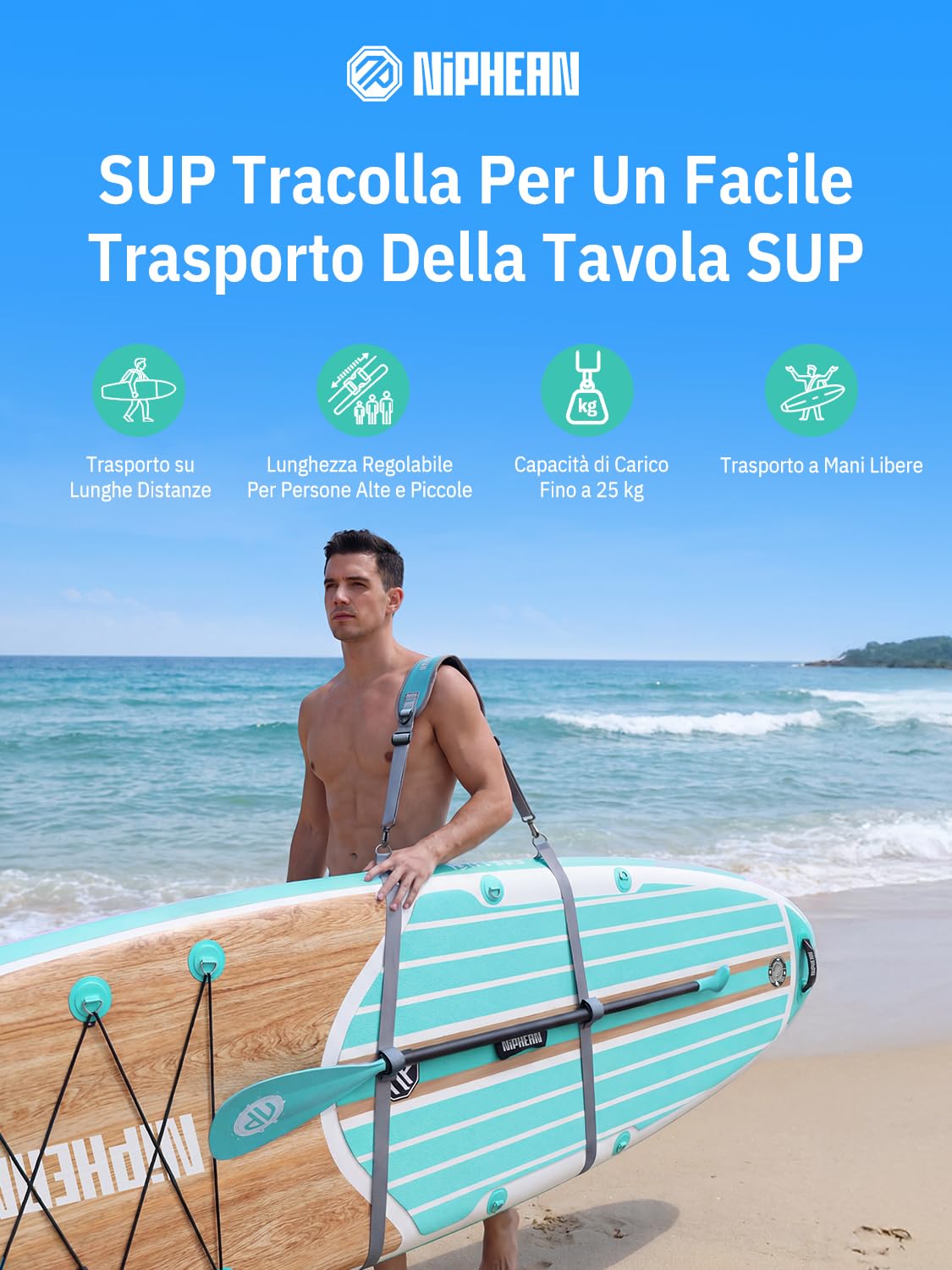 niphean Laccio Tavola SUP, Accessori SUP per Tavola SUP Gonfiabile，SUP Tracolla Regolabile a Mani Libere per Tavola da SUP，Tracolla per Il Trasporto della Tavola da Surf con Tracolla Imbottita