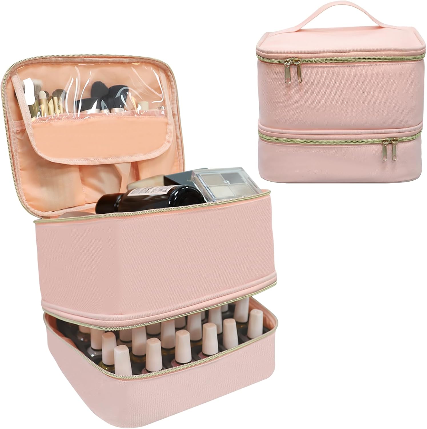 Nail Polish Organizer Bag, Double-Layer Nail Supplies Organizer Holds 30 Bottles & Nail Lamp, Professional Nail Kit Storage Carrying Case (Pink)