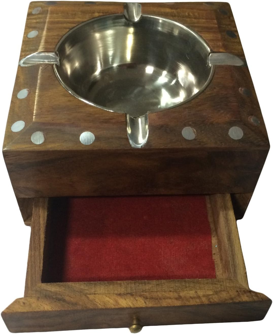 Indiacraftsoul Handmade Beautiful Designer Square Shaped Wooden Ashtray with Elephant Design Enlay & Drawer