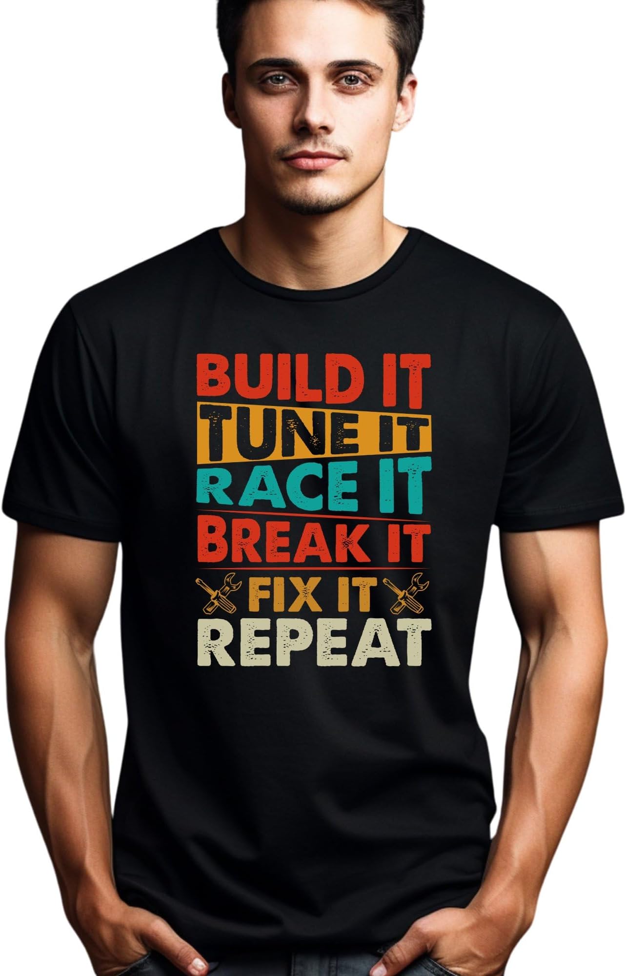 Seek Buy LoveBuild Tune Race Break Fix Repeat Mechanic T-Shirt, Car Enthusiast Tee, Auto Repair Shop Shirt, Racing Hobby Apparel, Gift for Gearheads