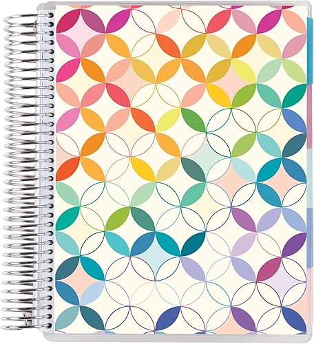 Planificador de vida encuadernado en espiral de 12 meses sin fecha de 7 x 9 pulgadas, cubierta de círculos de mediados de siglo + páginas interiores