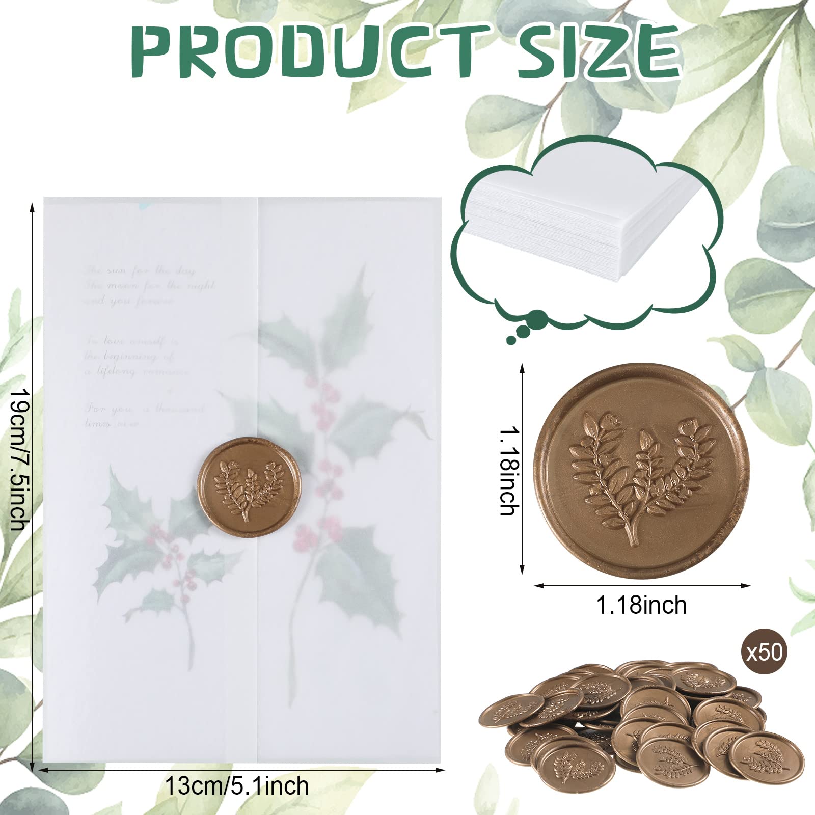 Pre-Folded Vellum Jackets Set Translucent Vellum Paper for 5 x 7'' Invitations Wedding Invitation Wraps Adhesive Wax Seal Stickers Envelope Seals for Birthday Wedding Baby Shower (100 pcs)