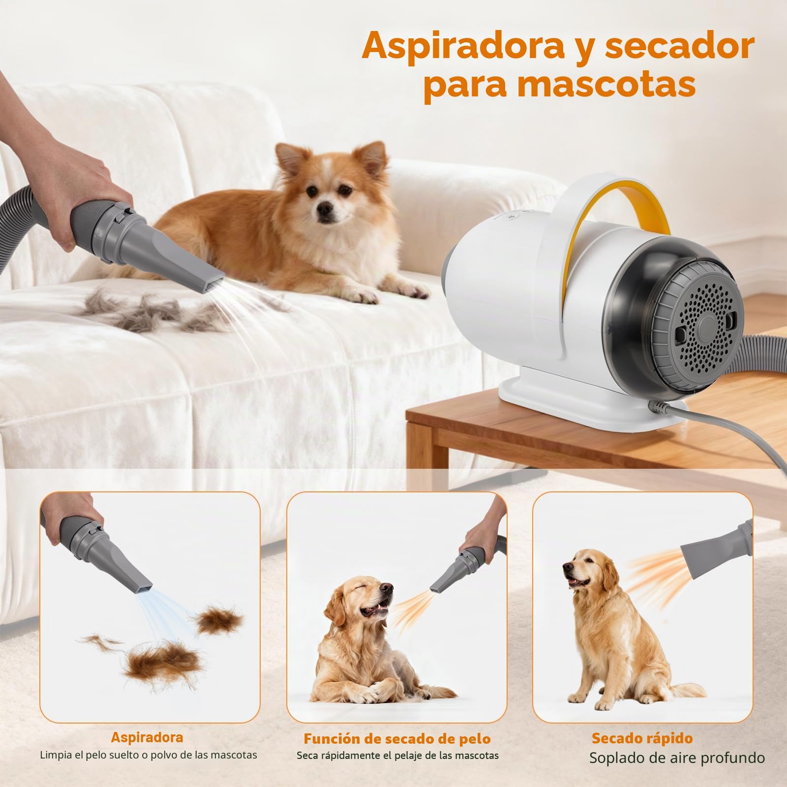 Secador para Perros 3200 W, secador de Pelo para Mascotas con 7 velocidades, 4 boquillas, Ciclo de Aire frío/Caliente, Potente soplador para Mascotas, Kit de Aseo para Perros y Gatos
