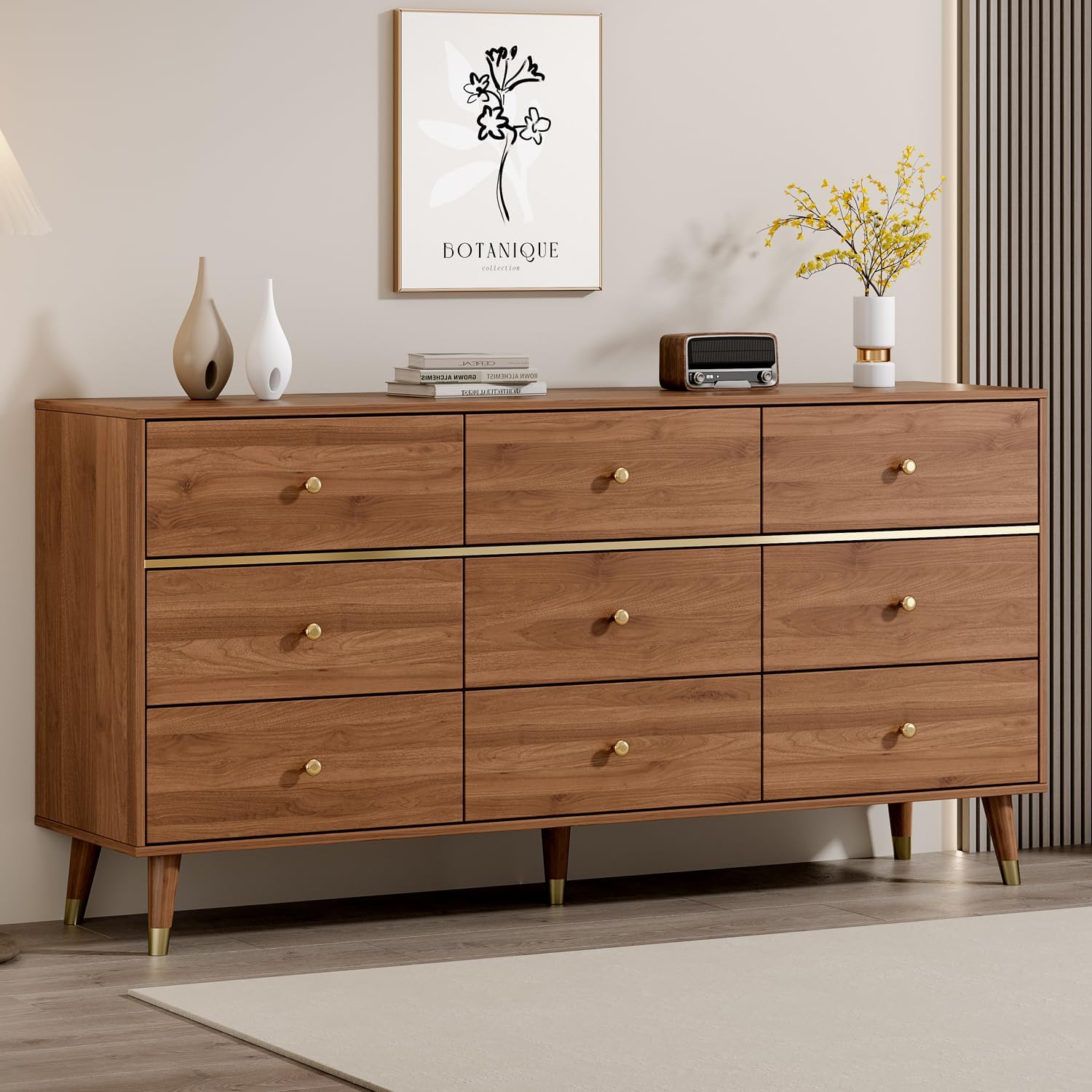 Photo 1 of Chrangmay 9 Drawer Dresser,63" Wide Mid Century Modern Chest of Drawers,Wooden Bedroom Drawer Dresser with 9 Storage Drawers for Bedroom, Living Room,with Anti-Tipping Device,Brown
