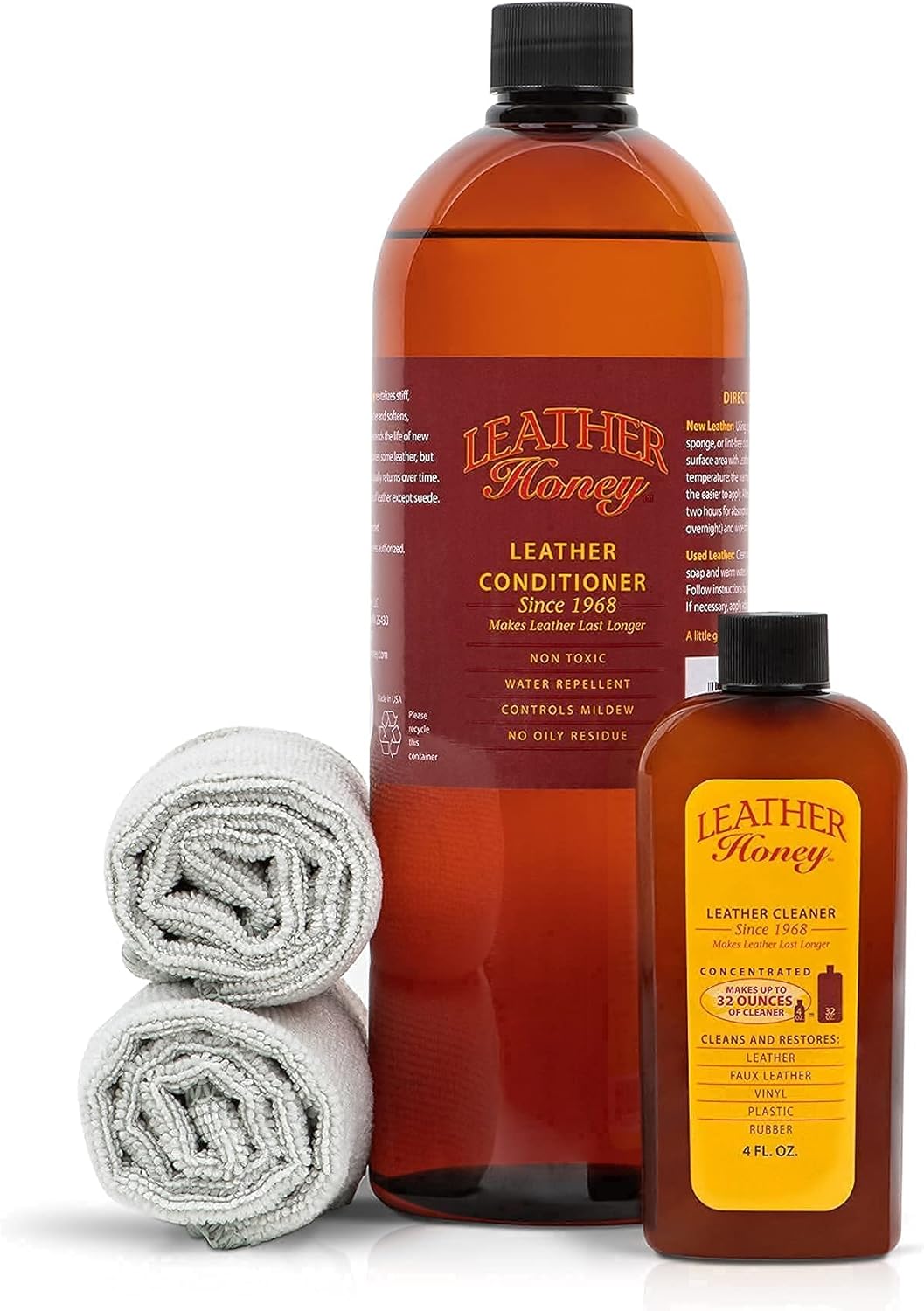 Leather Honey Complete Leather Care Kit Including 4 oz Cleaner, 32 oz Conditioner and 2 Applicator Cloths for use on Leather Apparel, Furniture, Auto Interiors, Shoes, Bags and Accessories