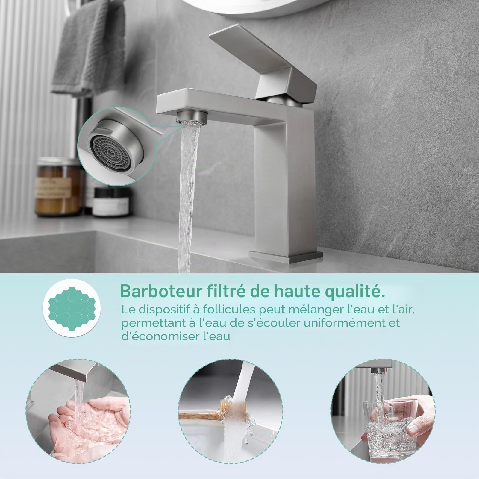 AIMADI Mitigeur Lavabo Robinet Salle de Bain Modern à 1 Levier Mono Commande pour Salle de Bain Évier Vasque Nickel Brossé