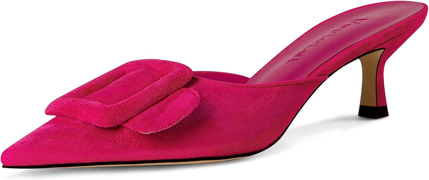 Fericzot Mule Slippers for Women,Slingback Buckle Pumps Pointed Toe Kitten Heels Shoes Slides Backless Dress Sandals Hot Pink 8.5