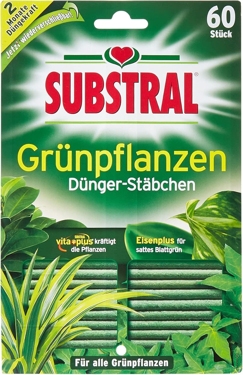 Substral Dünger-Stäbchen für Grünpflanzen mit Eisen-Plus und 2 Monate Langzeitwirkung, 60 Stück, green