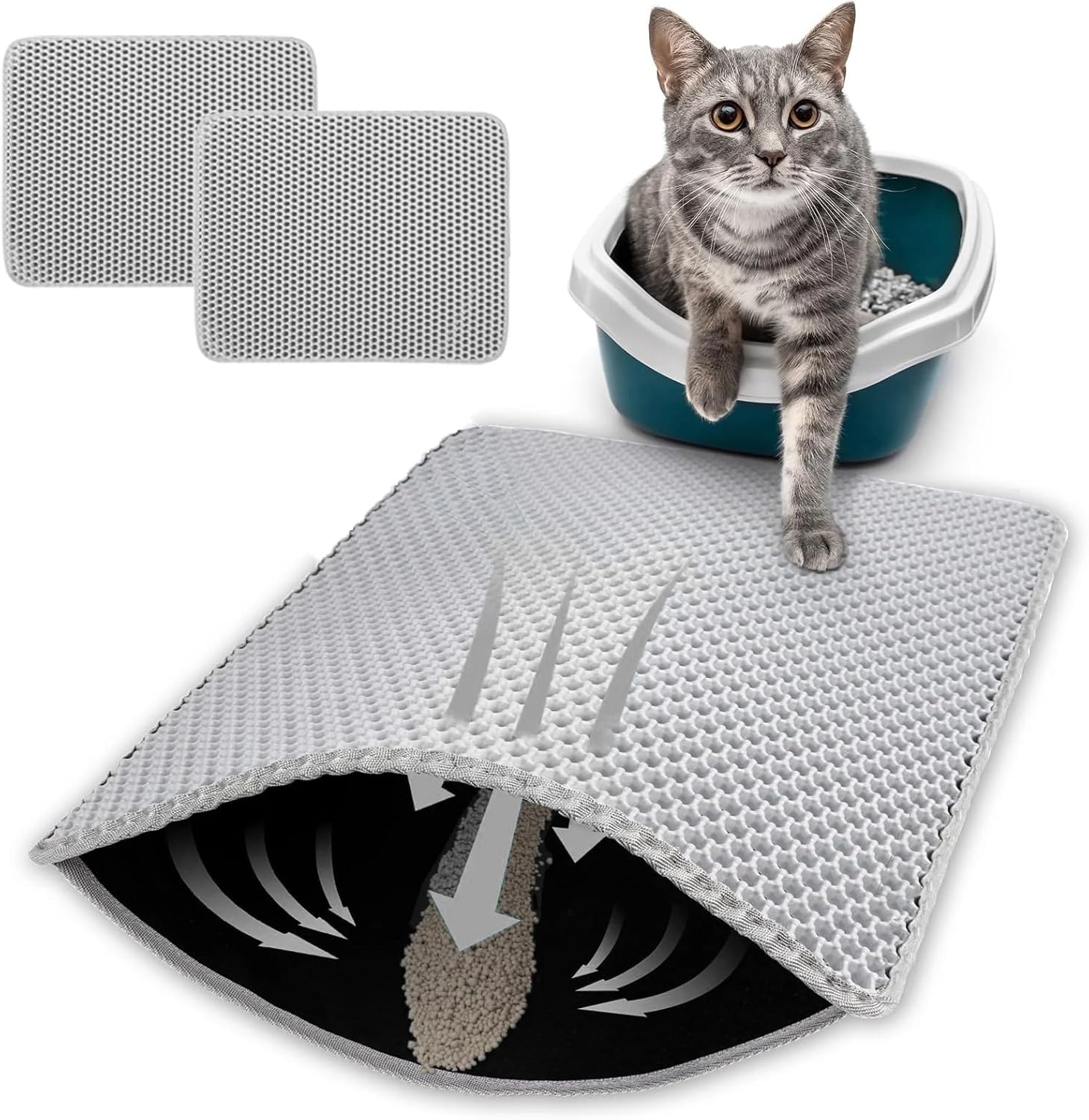 HCY&WLD 2-Pack Cat Litter Mat, Double Layer Honeycomb Waterproof Urine Proof Non-slip Litter Trapping Mat, Less Waste, Easy to Clean Cat Litter Box Mat, Kitty Indoor Supplies (Gray, 30x22 Inches)