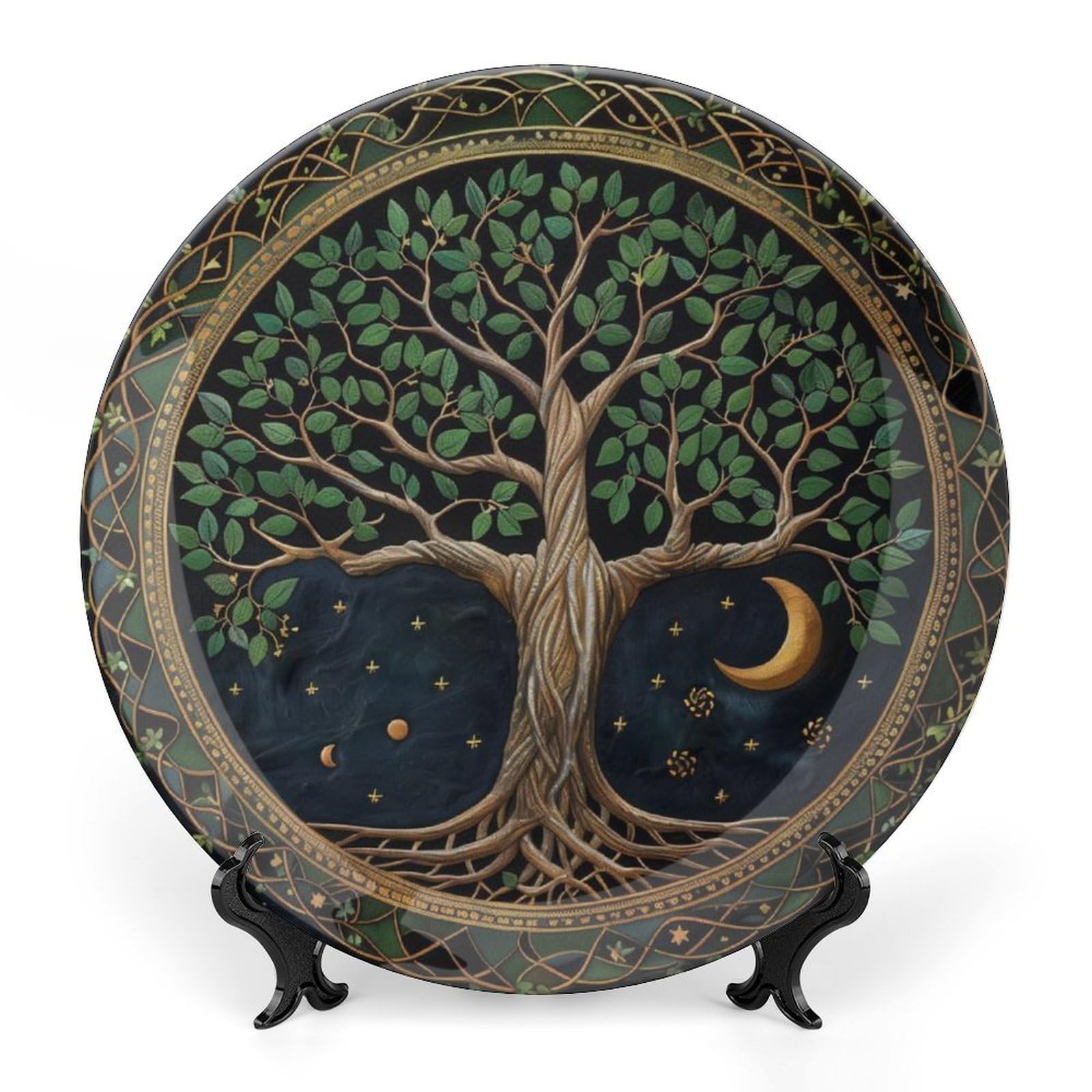 WNICELIN Tree of Life Hippie Bone China Decorative Plate Ceramic Decorative Plate for Home Office Wall Decor, with Vertical Stand Decorative Plates for Home Club