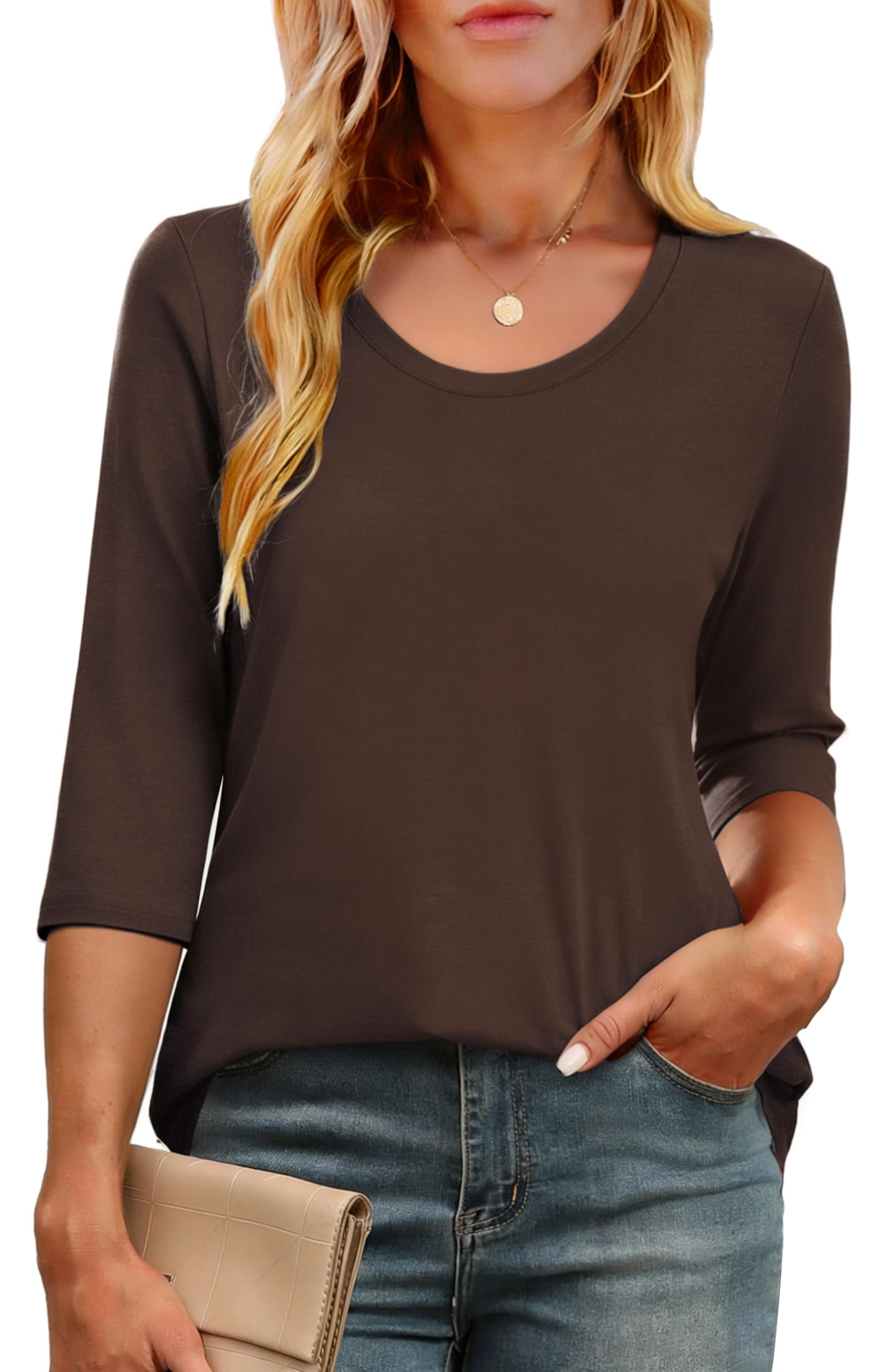 Crewhpo T Shirt Damen mit 3/4-Ärmeln Baumwolle Tunika Sommer Kurzarm Basic Tshirt Einfarbige Casual Top mit Rundhalsausschnitt Stretch Bluse Lockeres Elegant