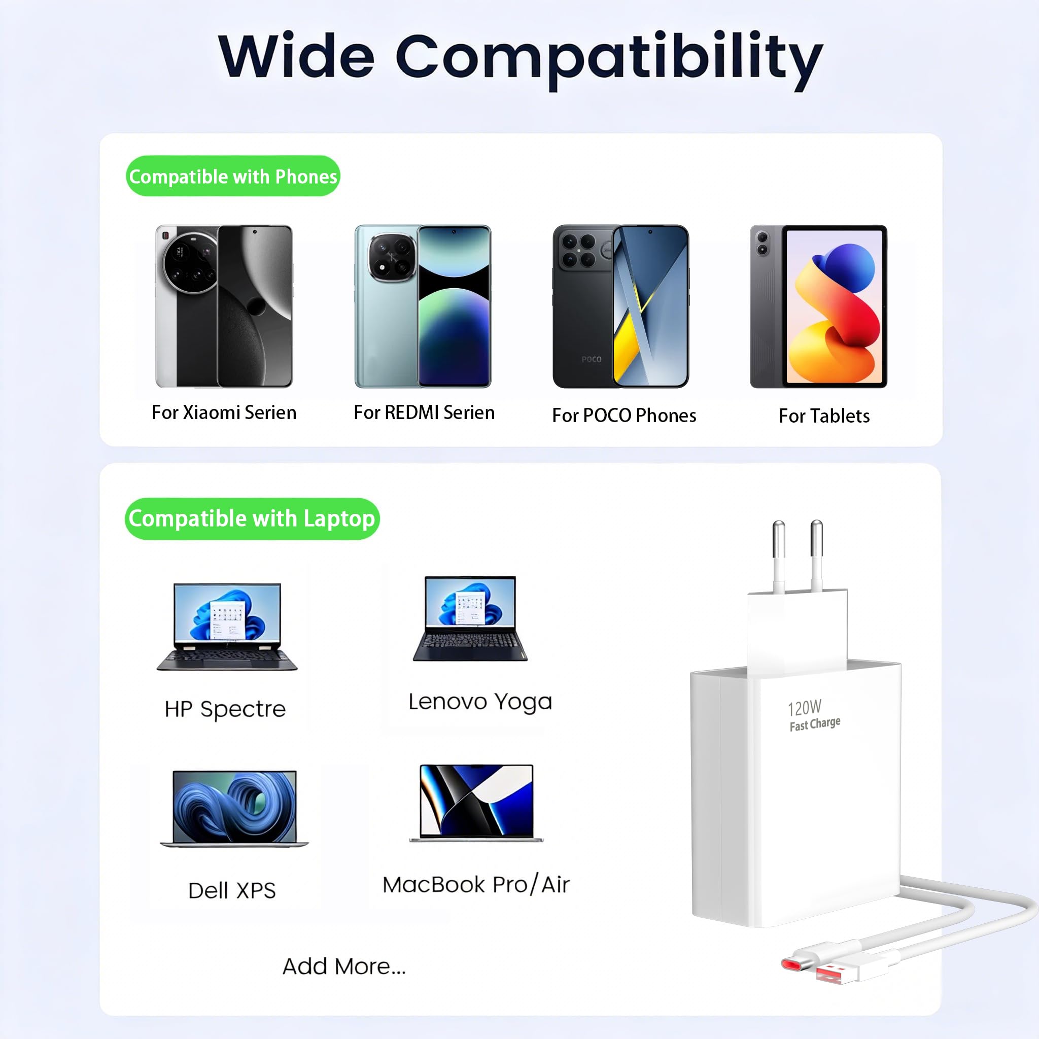 120W Hypercharge Cargador Compatible con Xiaomi 17 15 14 13 12 11, 17 15 14 13 12 11 Ultra, 15T 14T 13T 12T 11T Pro, Xiaomi Poco F8 F7 Ultra M8 F8 F7 X7 F6 X6 Pro Redmi USB C Adaptador alimentación