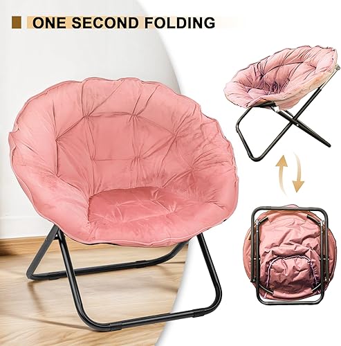 Miniatura 3 de Grezone Silla plegable con platillo, silla Lazy Moon con marco de metal, cómodas sillas de dormitorio para dormitorio, sala de estar, estudio, rosa