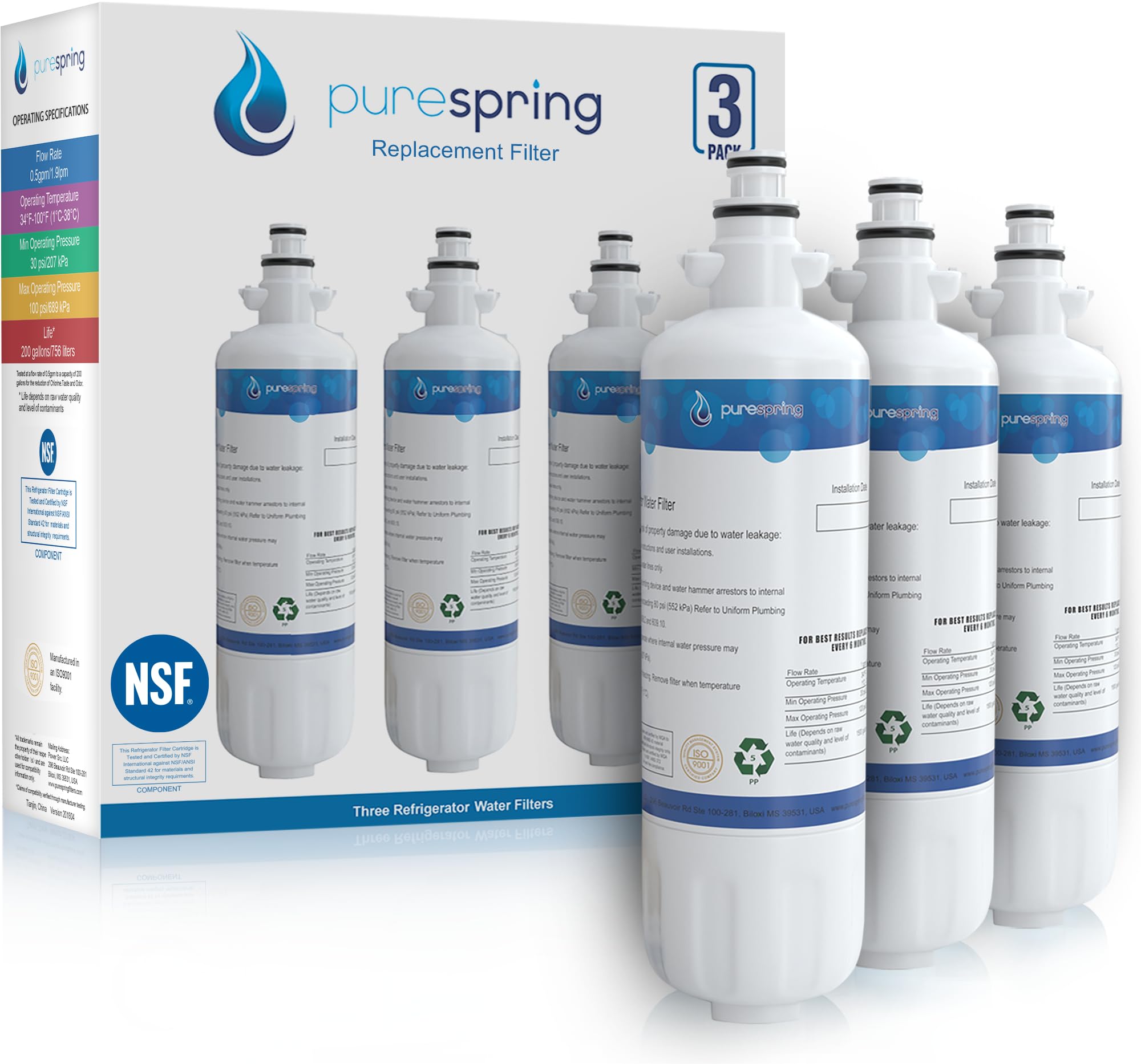 PureSpring Filtro de agua de repuesto certificado para LG ADQ36006101, LFDS22520S, LT700P, LFXS29766S, ADQ36006102, LFXS24623S, LFXS30766S, Kenmore 46-9690, 469690 NSF 42 certificado (3 Paquete