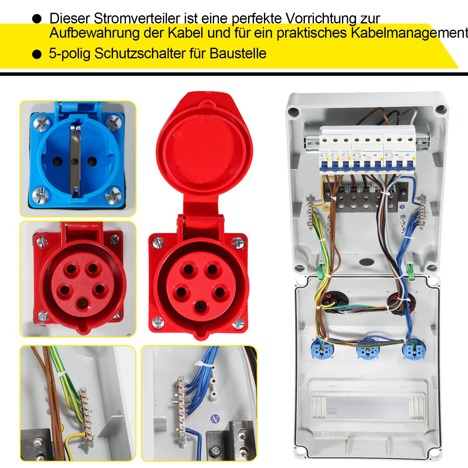 distributeur de courant de chantier, distribution de courant disjoncteur mural 5 pôles, prise 3xSchuko et prise CEE 16/32A, pour intérieur extérieur