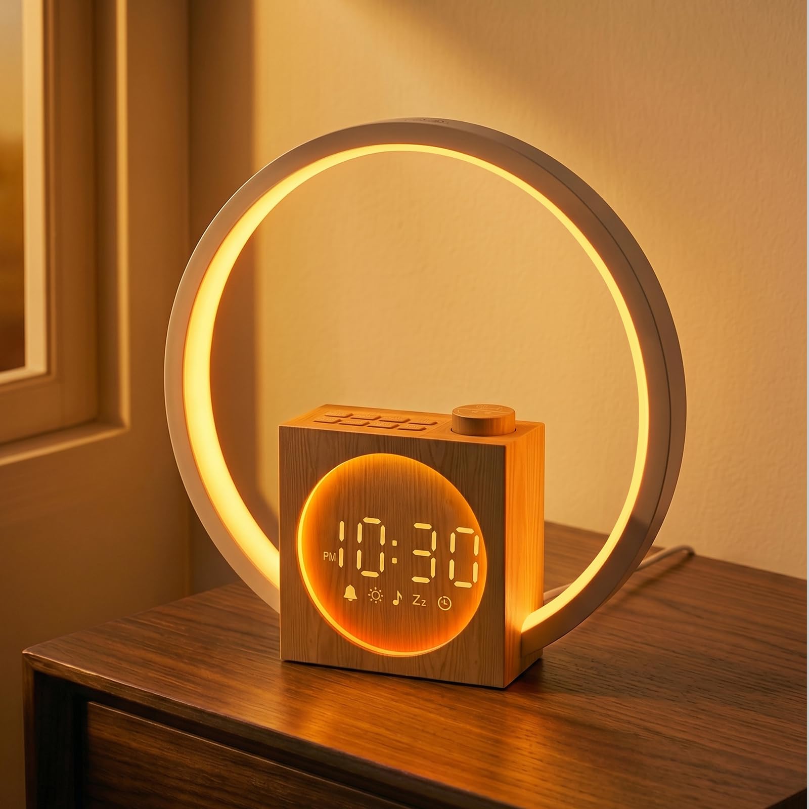 Despertador de Luz, Simulador de Amanecer y Atardecer con Aro Táctil 360°, 12 Colores, 30 Sonidos, Pantalla Regulable, Luz Nocturna, Snooze 9 Min al Tacto, Sleep Timer, Regalo Original