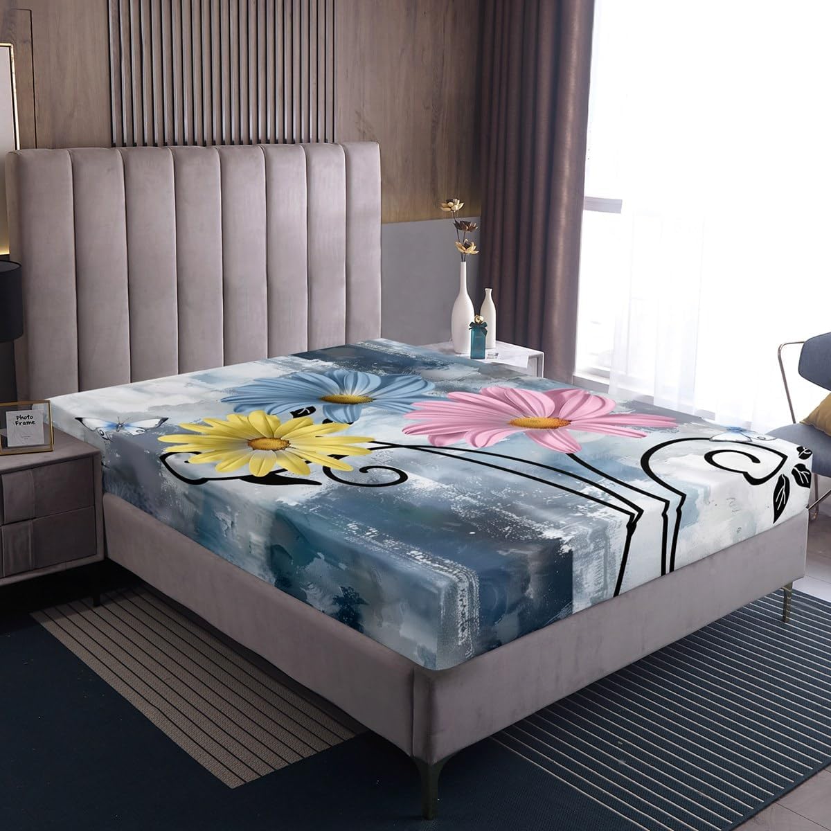 Rustic Flower Fitted Sheet Farmhouse Country Floral Bed Sheets for Blue Daisy Flowers and Butterfly Sheets for Room Decor,Wooden Teal Turquoise Bed Set Pink Yellow Grey Bedding Set,Queen