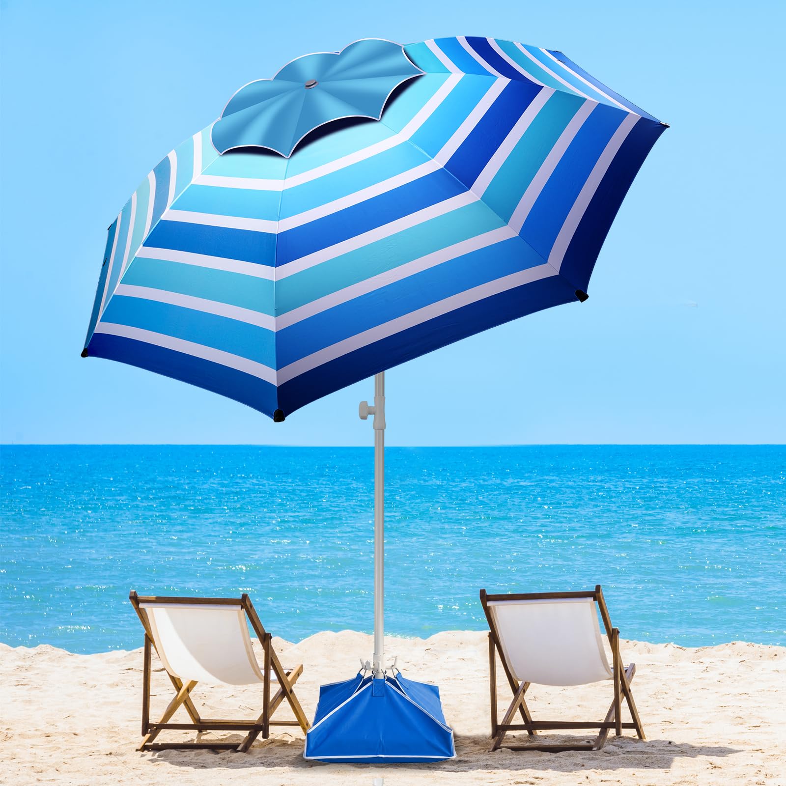 Photo 1 of Fisqueen 8FT Large Beach Umbrella with Wind Resistance Sand Anchor Sand Bag, Portable Outdoor Umbrella with UPF50+ UV Protection, Tilt Sun Shelter for Beach, Patio, Yard