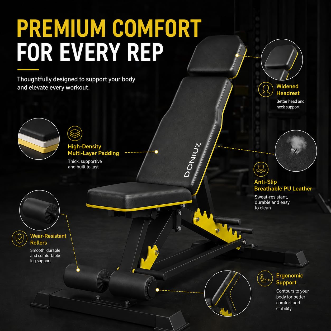 Adjustable Weight Bench for Home Gym, 1200LB Heavy Duty Commercial Workout Bench, Multi-Position Incline Decline Flat FID Bench Press with Headrest & Leg Rollers for Full Body Strength Training