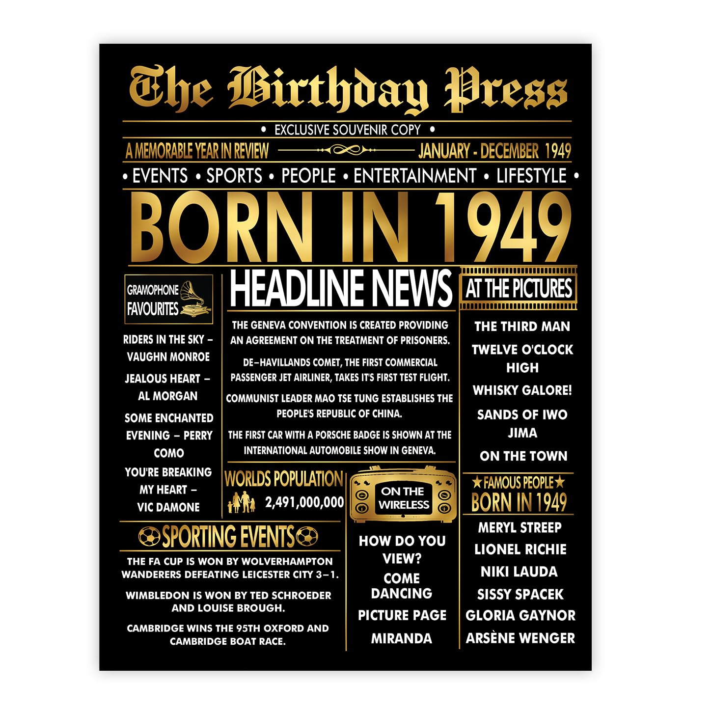 Stuff4 Gold 77th Birthday Poster Unframed - Golden Born In 1949 Newspaper - Happy 77 Birthday for Men Women Retro Vintage Gifts Back In 1949, 8x10 Inch Bday Party Decor Decoration