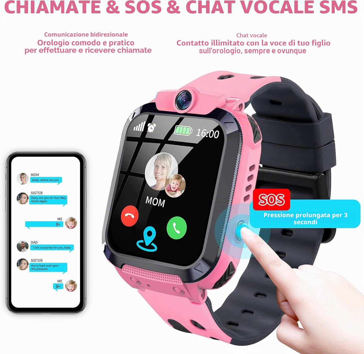Smartwatch per Bambini con Chiamata, SOS, Calcolatrice, Giochi, Sveglia, Fotocamera, IP67 impermeabile, Modalità Silenziosa Regalo Adatto per Ragazze e Ragazzi Rosa