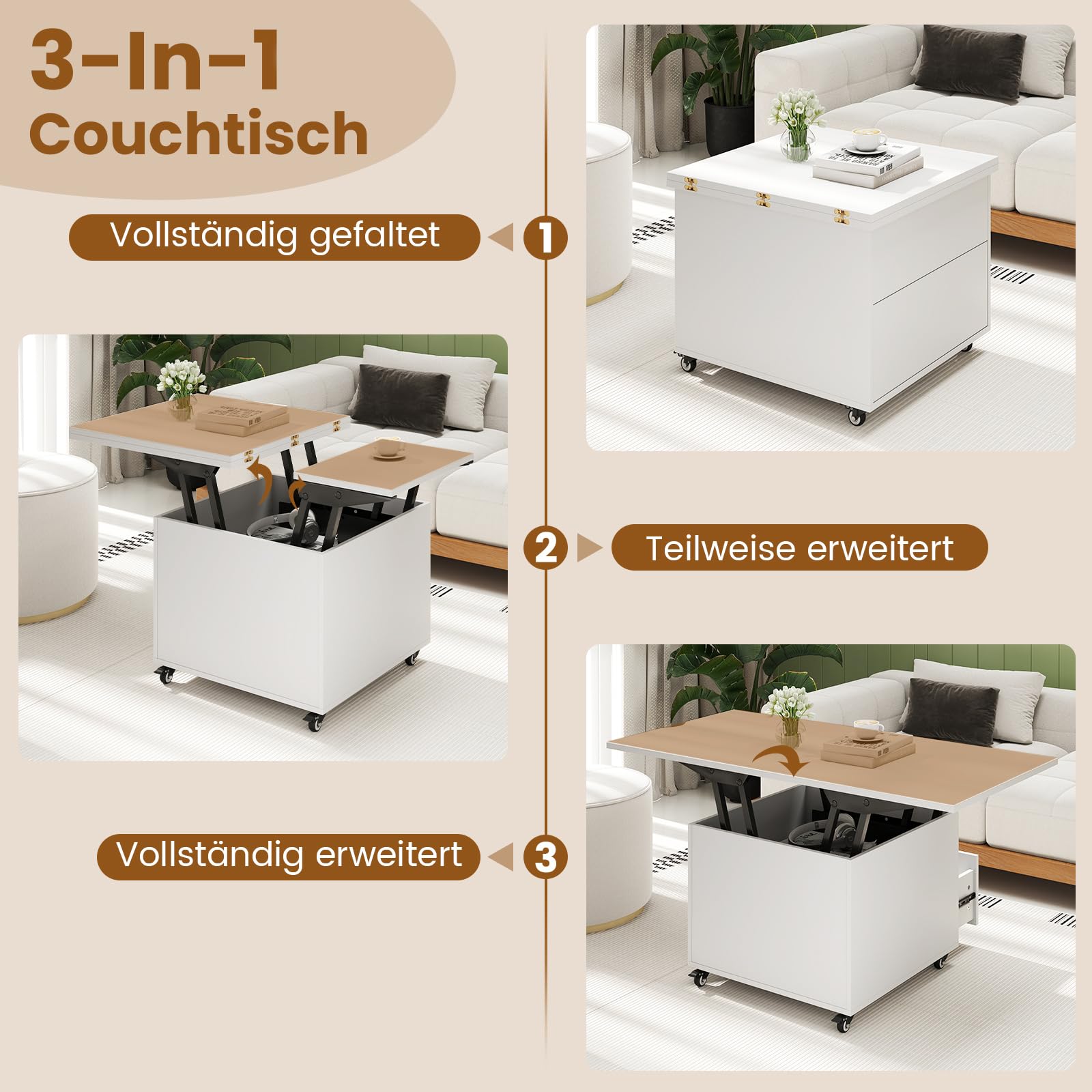 COSTWAY Couchtisch Höhenverstellbar, Wohnzimmertisch mit Schublade, Rollen & verstecktem Stauraum, 3-in-1 Kaffeetisch umwandelbar in Beistelltisch & Esstisch, Sofatisch 120 x 60 x 66 cm (Weiß)