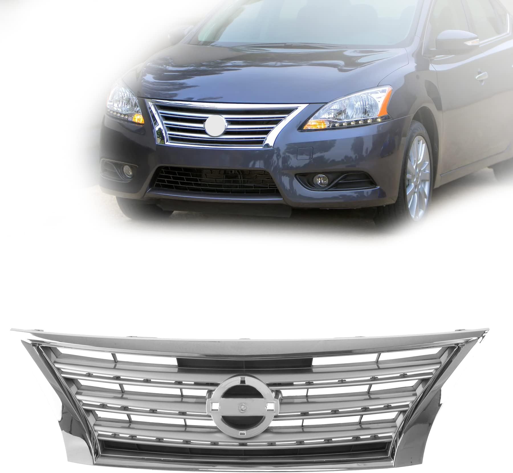 Front Silver Black Grille Grill With Chrome Molding Compatible For 2013-2015 NISSAN Sentra Fits NI1200252 623103SH0A