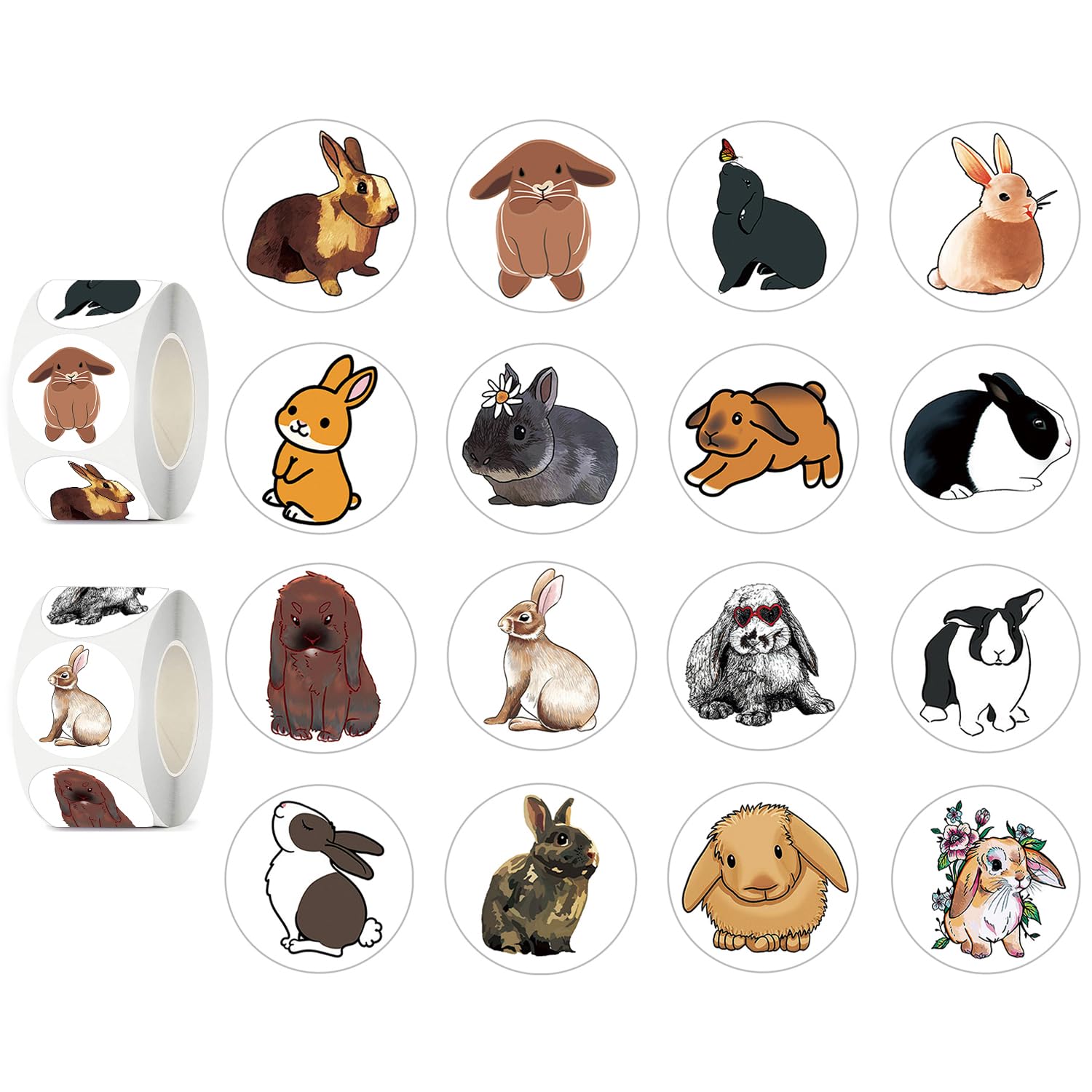 UVUXO 600 Pcs Rabbit Stickers Rolls for Kids-Round 1.5 Inch 16 Tyles Cute Rabbit Kindergarten Stickers Teacher Sticker for Kids Birthday Party School Reward Giveaways