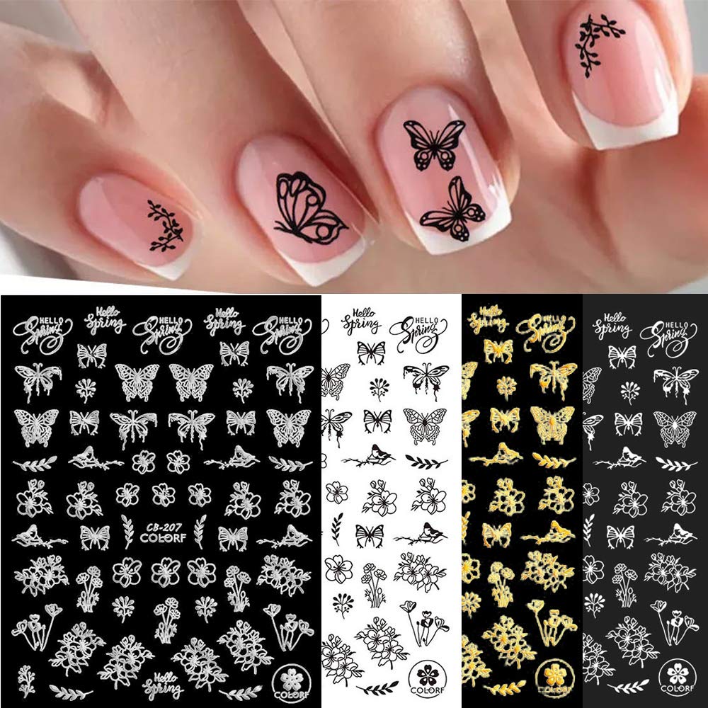 4 Colour Flower Nail Art Stickers Decals 3D Self-Adhesive Black White Gold Silver Flower Design Decoration Butterfly Flower Leaf Pattern Nail Decals for Women Nail Art Manicure Tips Accessories