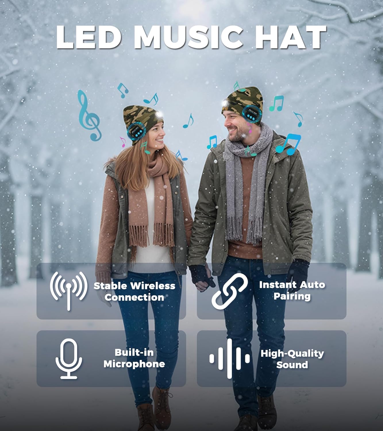 HEYAXA Bluetooth Beanie Hat, USB Rechargeable 4 LED Wireless Music Running Headlamp Cap, Gifts for Christmas, Stocking Stuffer & White Elephant Gifts for Men, Women, Him, Her