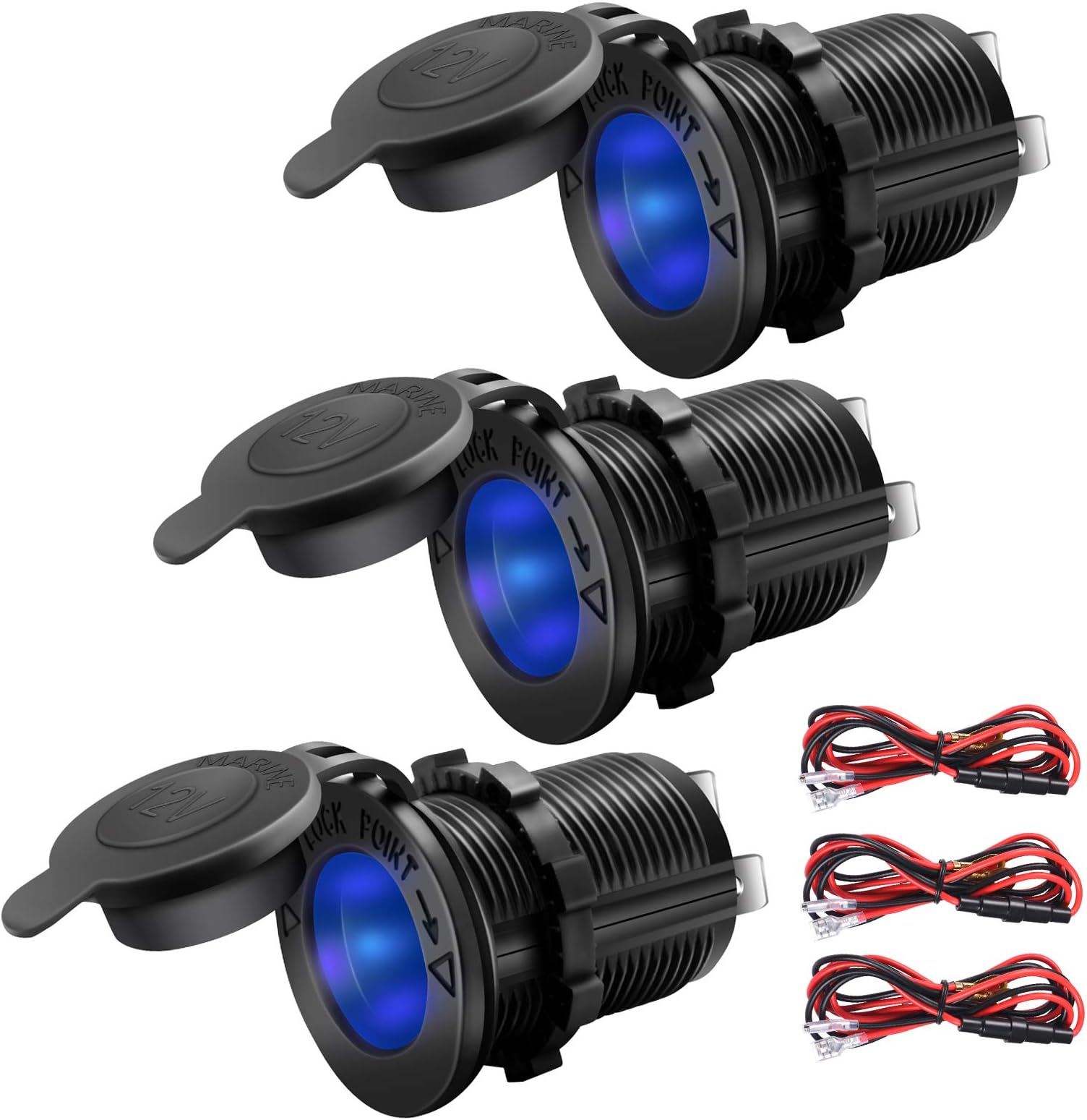 ZHSMS Universal 12V/24V Car Cigarette Lighter Socket Replacement with Blue LED for Car Marine Motorcycle ATV RV and More, Waterproof, Pack of 3
