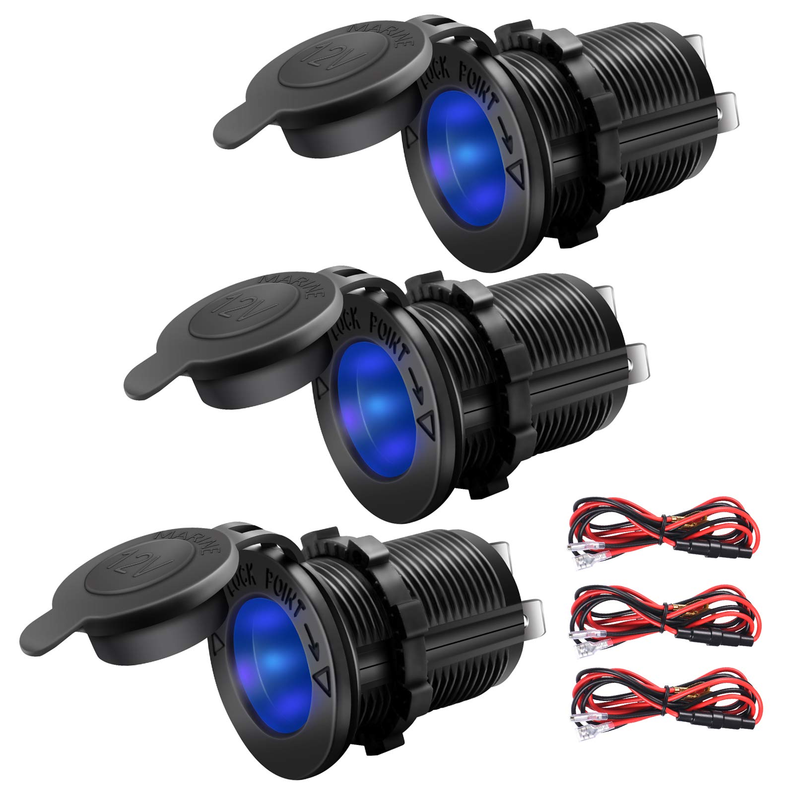 ZHSMS Universal 12V/24V Car Cigarette Lighter Socket Replacement with Blue LED for Car Marine Motorcycle ATV RV and More, Waterproof, Pack of 3