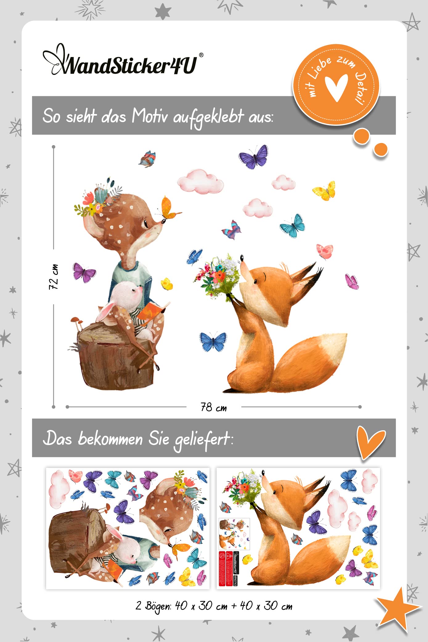 WandSticker4U®- Pegatinas pared infantiles ANIMALES del BOSQUE acuarela (78x72 cm) I vinilo adhesivo pared infantil animales Jungla zorro corzo conejo I decoración habitación infantil bebé